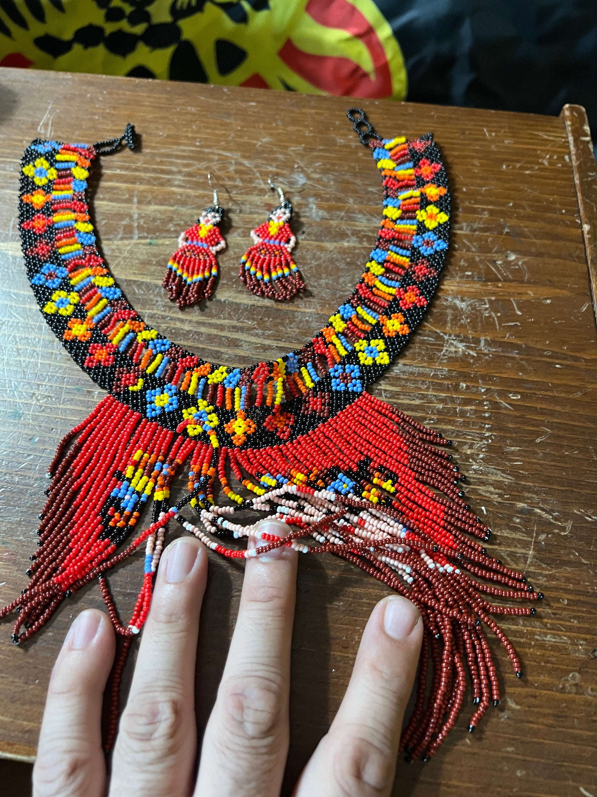 Beautiful Detailed Beaded Necklace and Earrings of Mexican Woman, Girl, Frida, Mexicana, Chicana, from Mexico