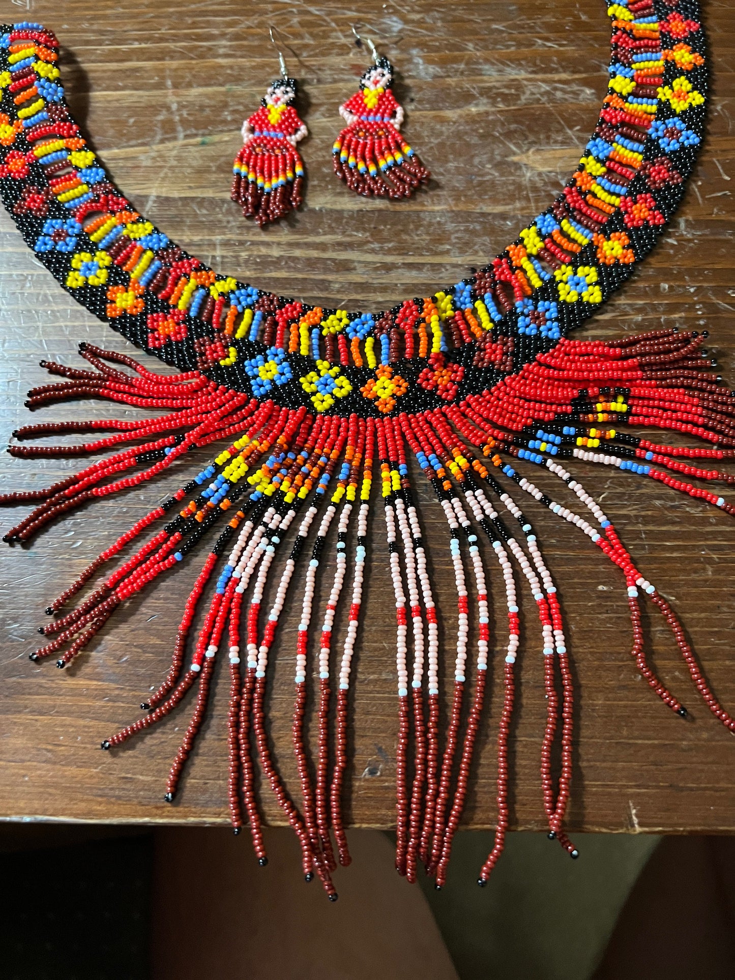 Beautiful Detailed Beaded Necklace and Earrings of Mexican Woman, Girl, Frida, Mexicana, Chicana, from Mexico