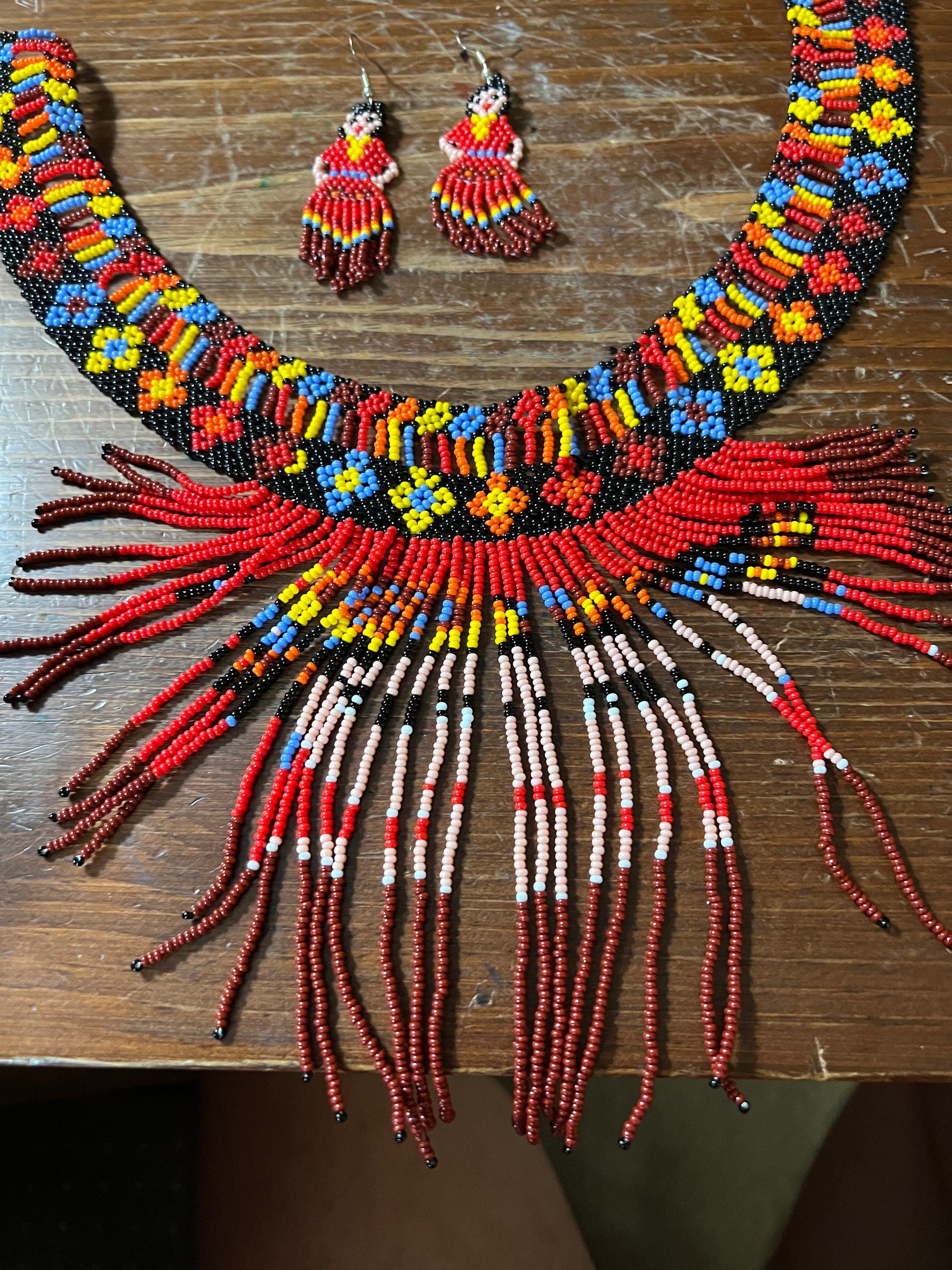 Beautiful Detailed Beaded Necklace and Earrings of Mexican Woman, Girl, Frida, Mexicana, Chicana, from Mexico