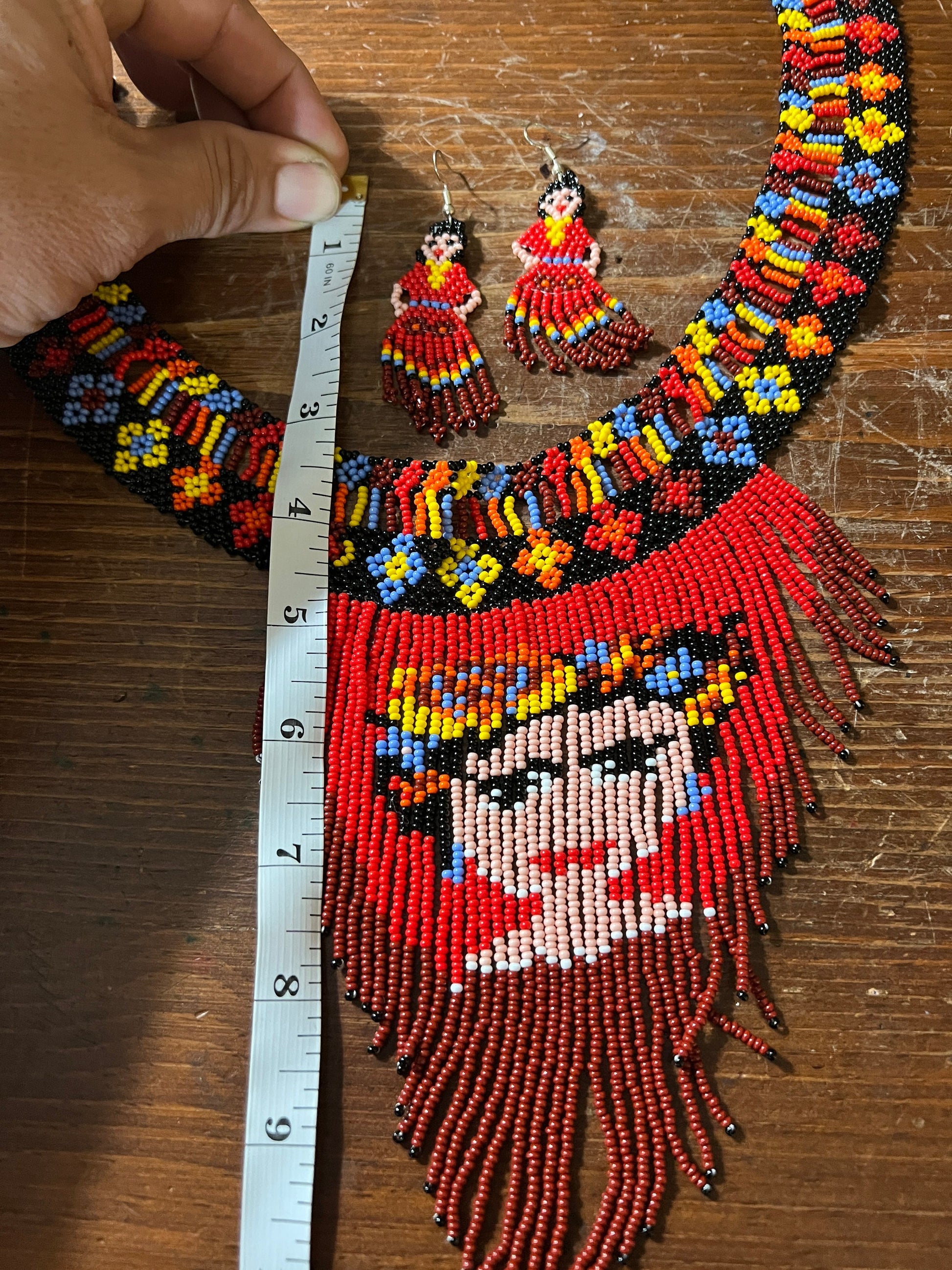Beautiful Detailed Beaded Necklace and Earrings of Mexican Woman, Girl, Frida, Mexicana, Chicana, from Mexico