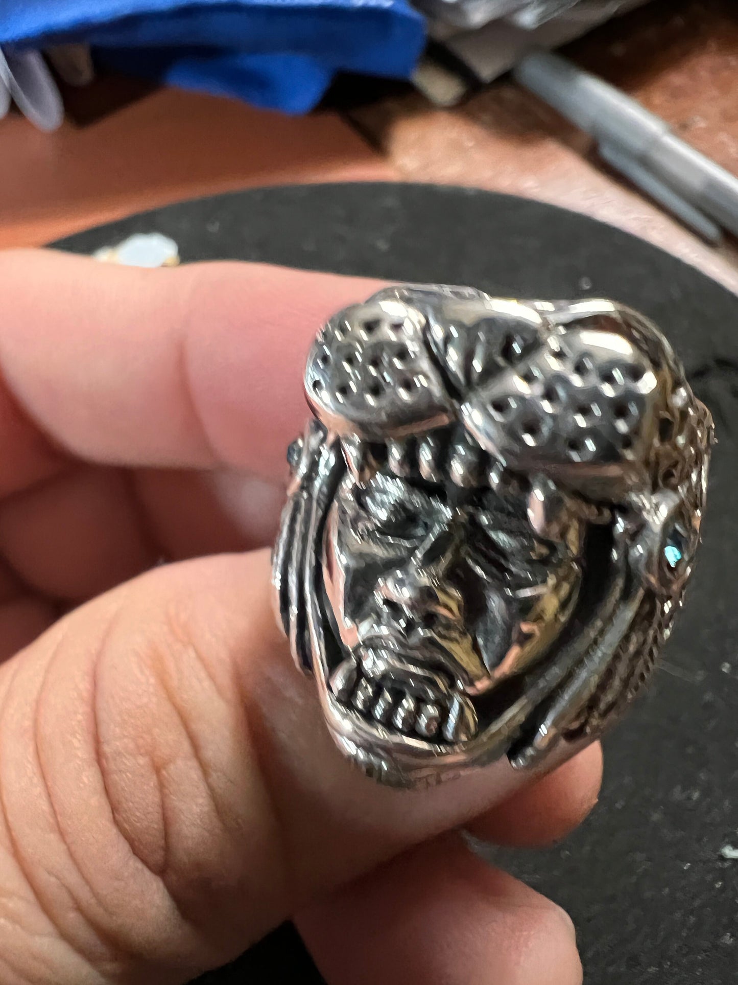 Jaguar Warrior Ring, Azteca, Maya, Sterling Silver, Size 11, with Red and Agua Marina Zirconia from Mexico (#0)