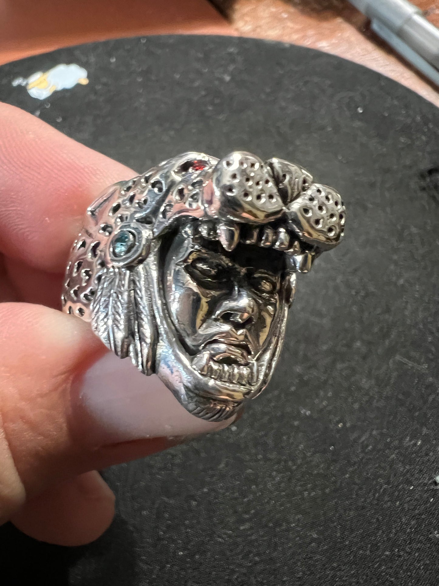 Jaguar Warrior Ring, Azteca, Maya, Sterling Silver, Size 11, with Red and Agua Marina Zirconia from Mexico (#0)