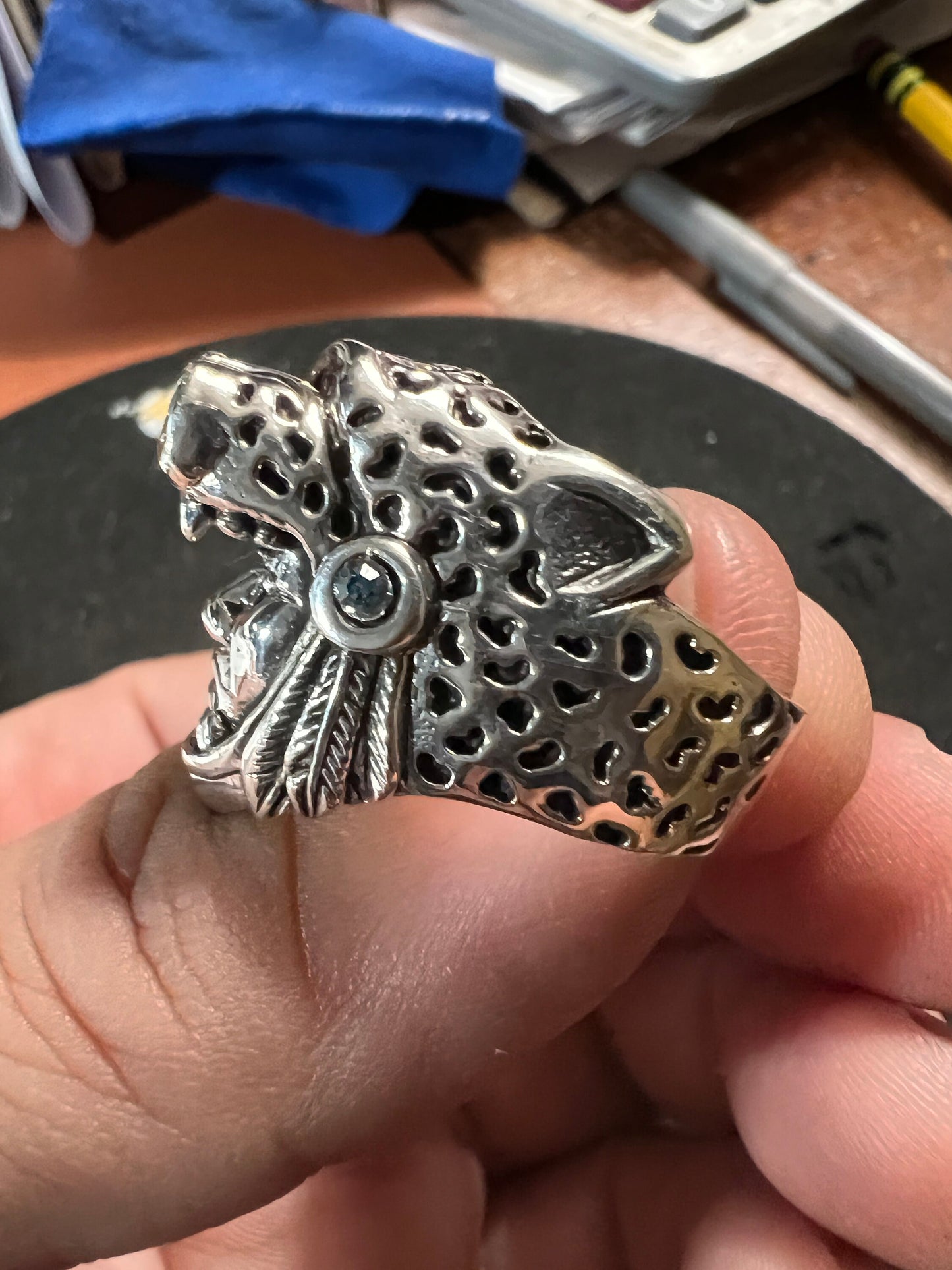 Jaguar Warrior Ring, Azteca, Maya, Sterling Silver, Size 11, with Red and Agua Marina Zirconia from Mexico (#0)