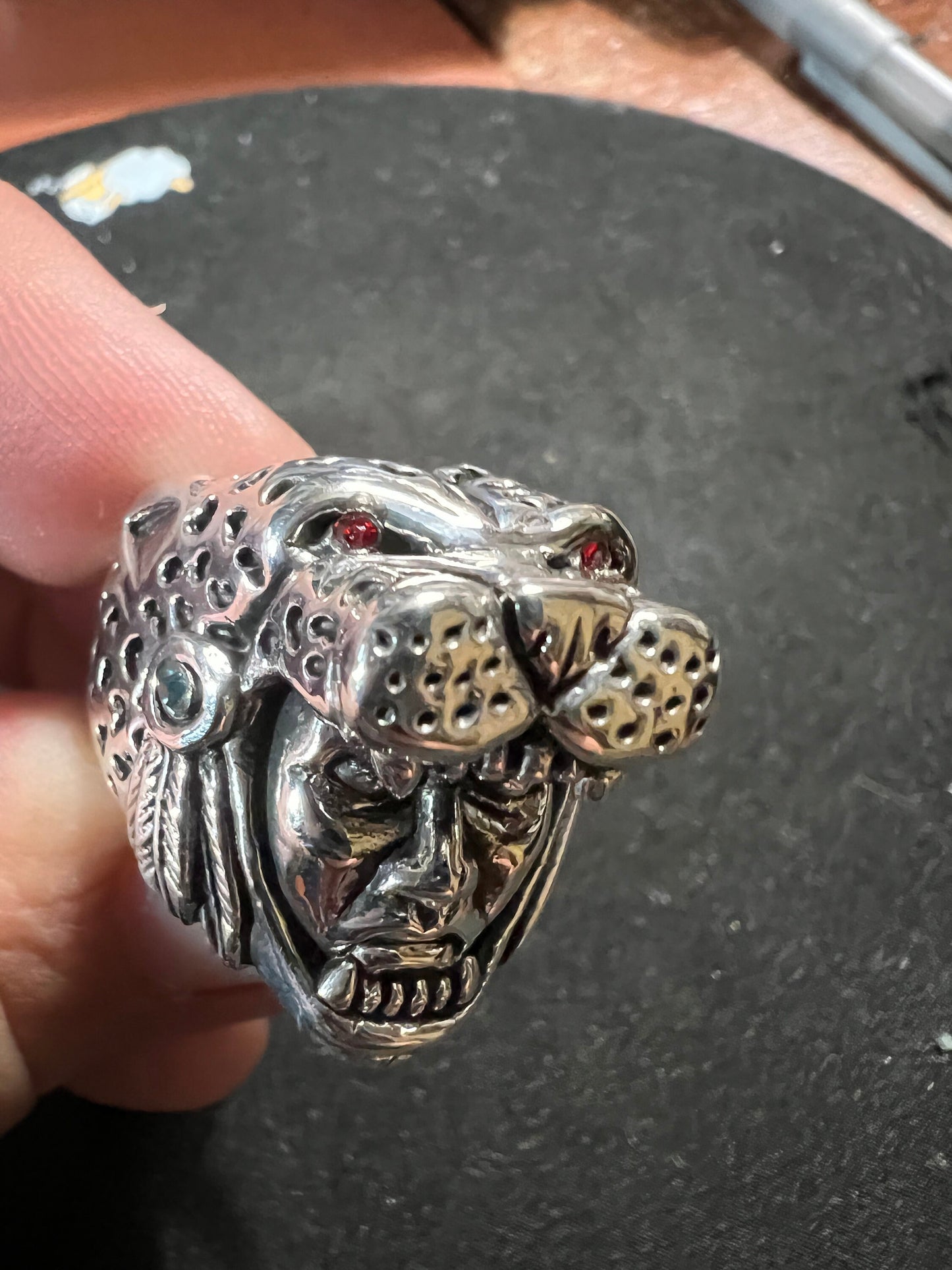 Jaguar Warrior Ring, Azteca, Maya, Sterling Silver, Size 11, with Red and Agua Marina Zirconia from Mexico (#0)