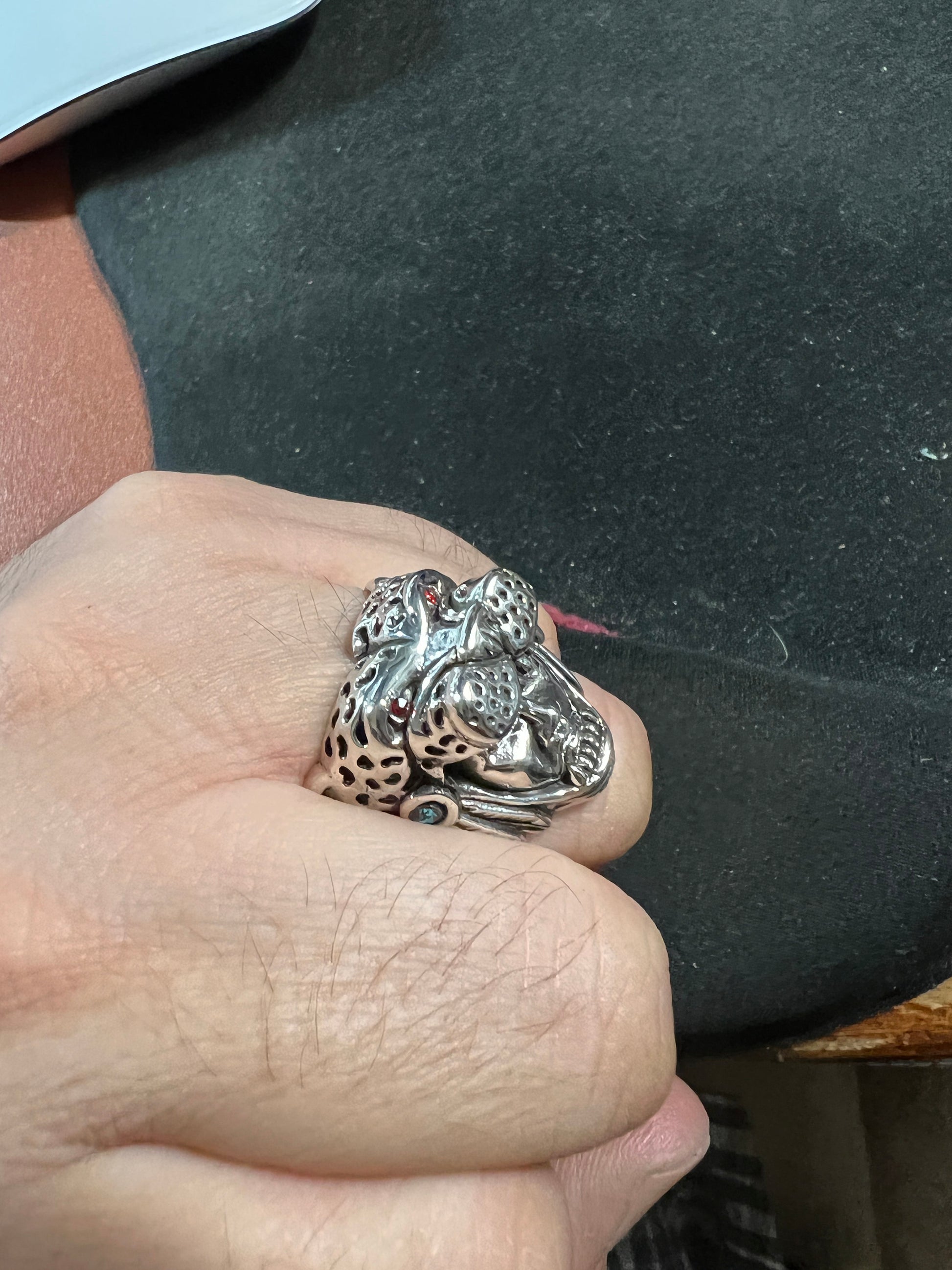 Jaguar Warrior Ring, Azteca, Maya, Sterling Silver, Size 11, with Red and Agua Marina Zirconia from Mexico (#0)