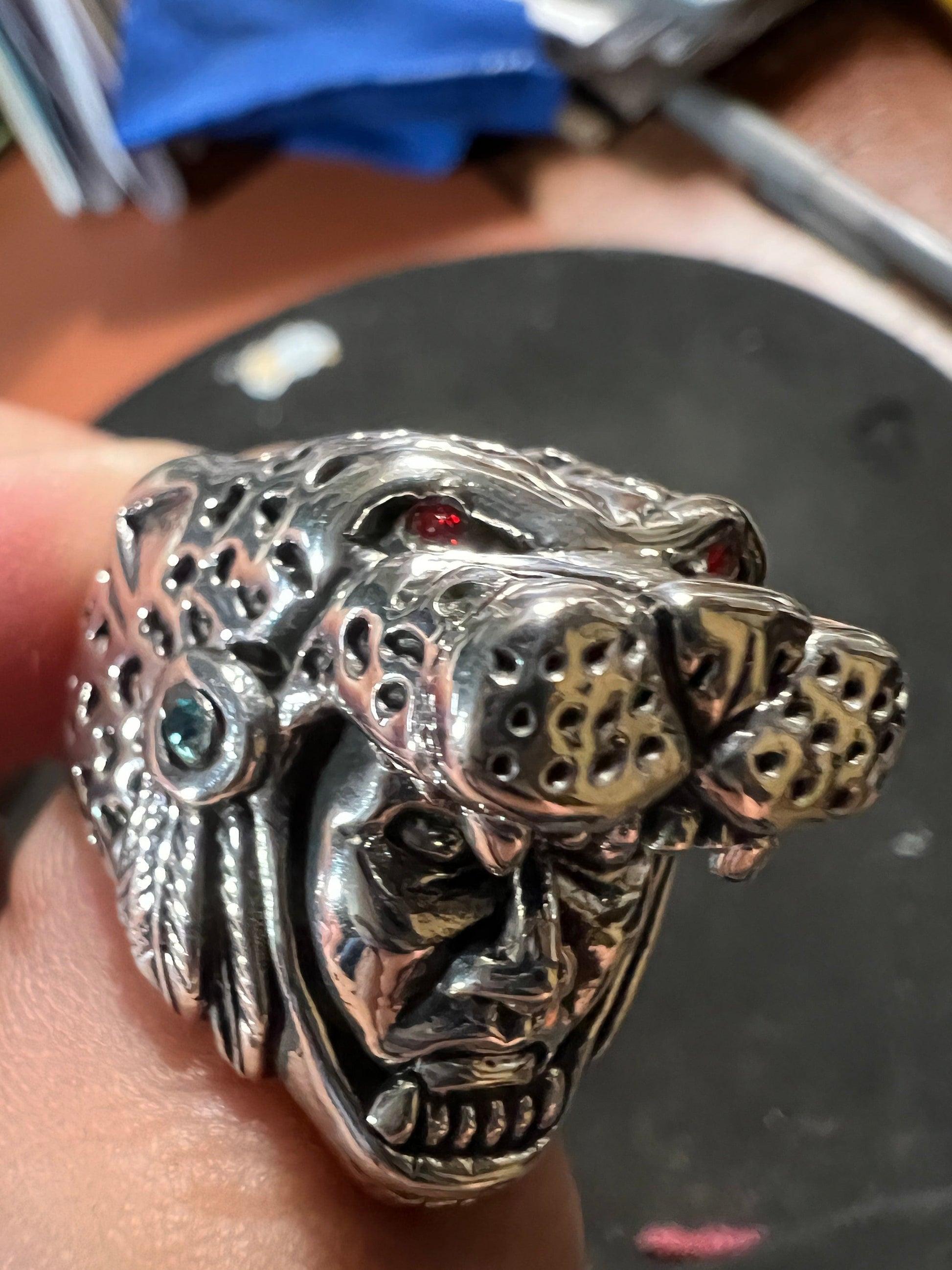 Jaguar Warrior Ring, Azteca, Maya, Sterling Silver, Size 11, with Red and Agua Marina Zirconia from Mexico (#0)