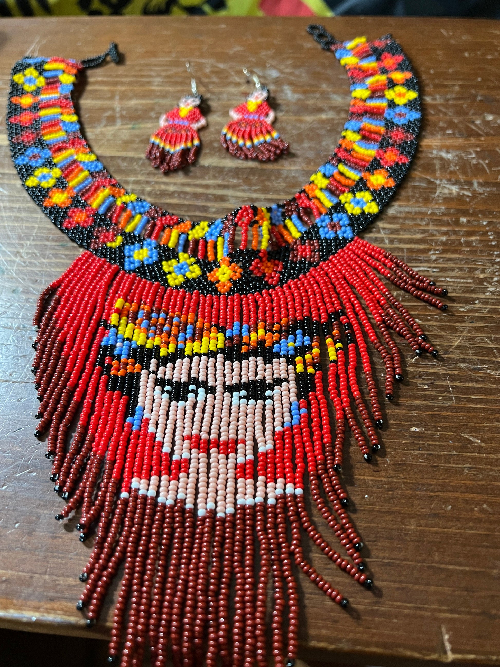 Beautiful Detailed Beaded Necklace and Earrings of Mexican Woman, Girl, Frida, Mexicana, Chicana, from Mexico