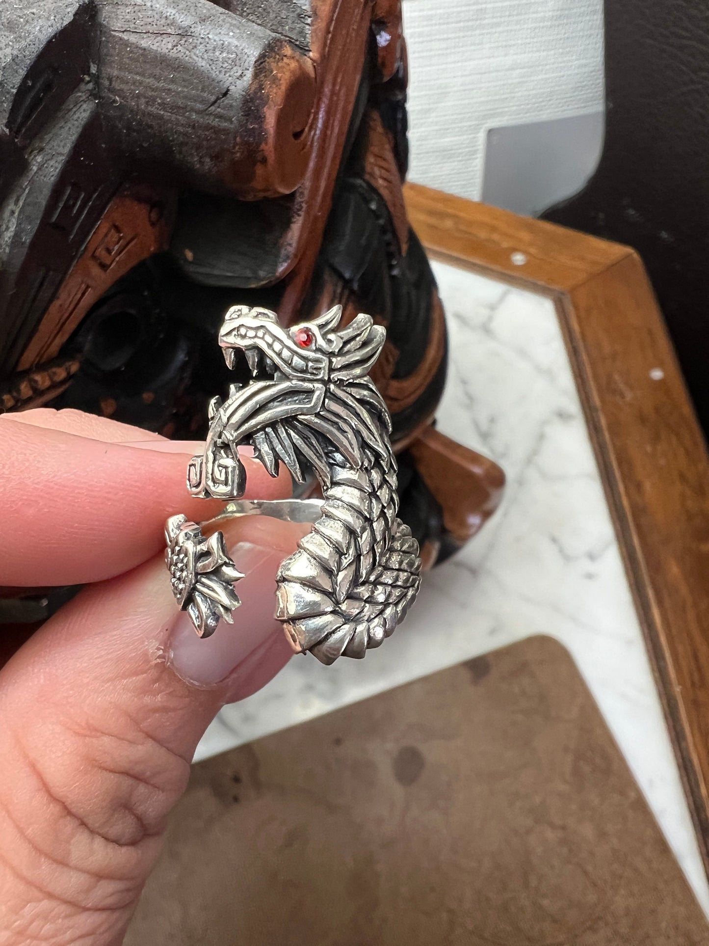 Quetzalcoatl Aztec Feathered Serpent Tongue Version or Kukulkan Mayan Plumbed Serpent Rings, Dragons, Sterling Silver (#3)