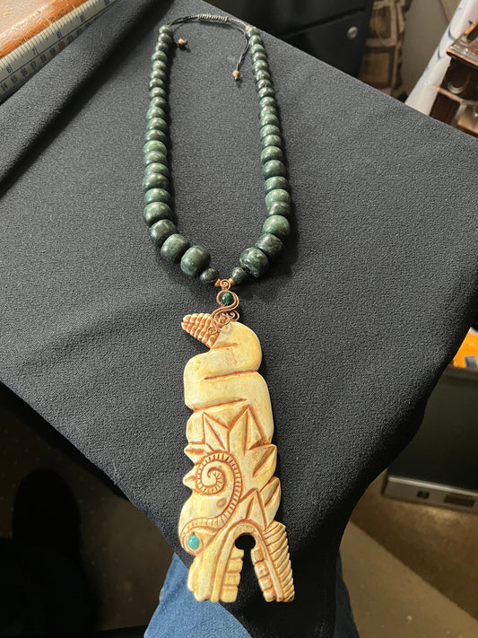 Big Jade and Bone Quetzalcoatl or Kukulkan Serpent Necklace, Made Mexico, Heavy Jade Beaded Necklace, Rare, handmade adjustable