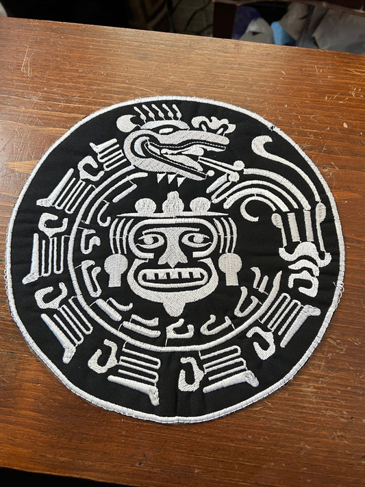 Large Tonatiuh Quetzalcoatl Patch, (Imperfect) 9 3/4", Black and White Aztec Calendar, Mexica, Patches