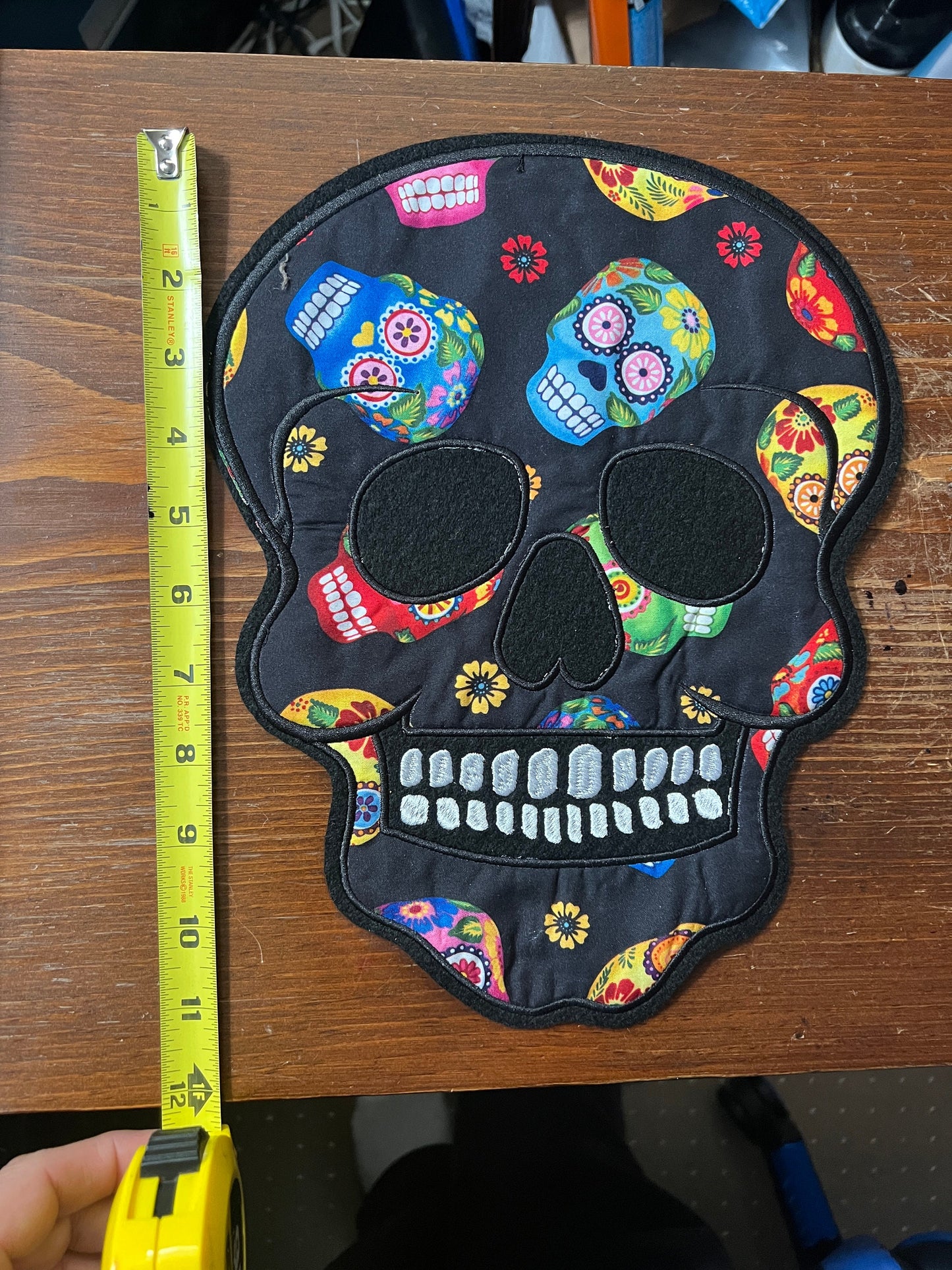 Large back patch, Day of the Dead, dia de muertos, Lg sugar skull print, patches on Black, fabric patch, iron or sew on