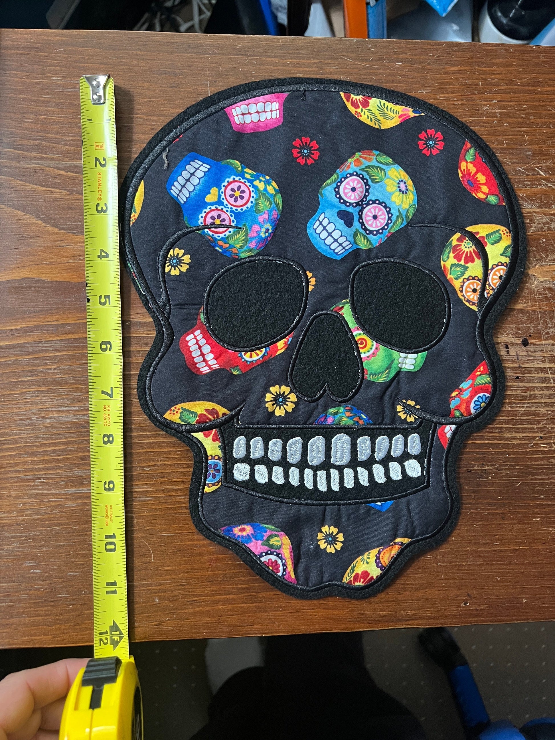 Large back patch, Day of the Dead, dia de muertos, Lg sugar skull print, patches on Black, fabric patch, iron or sew on