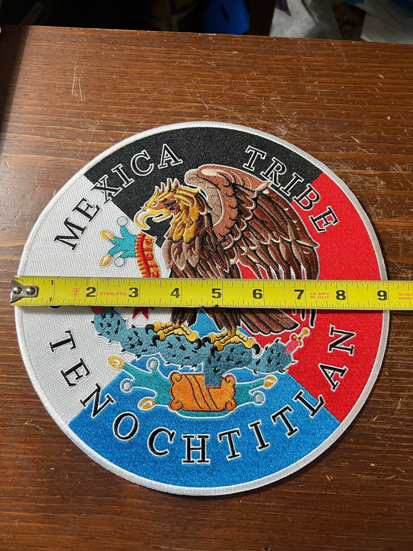 Large Mexica Tribe Patch Tenochtitlan 9" Round Back Patches, Aztec, Azteca, Mexico, Eagle atl-tlachinolli water-fire, cardinal colors