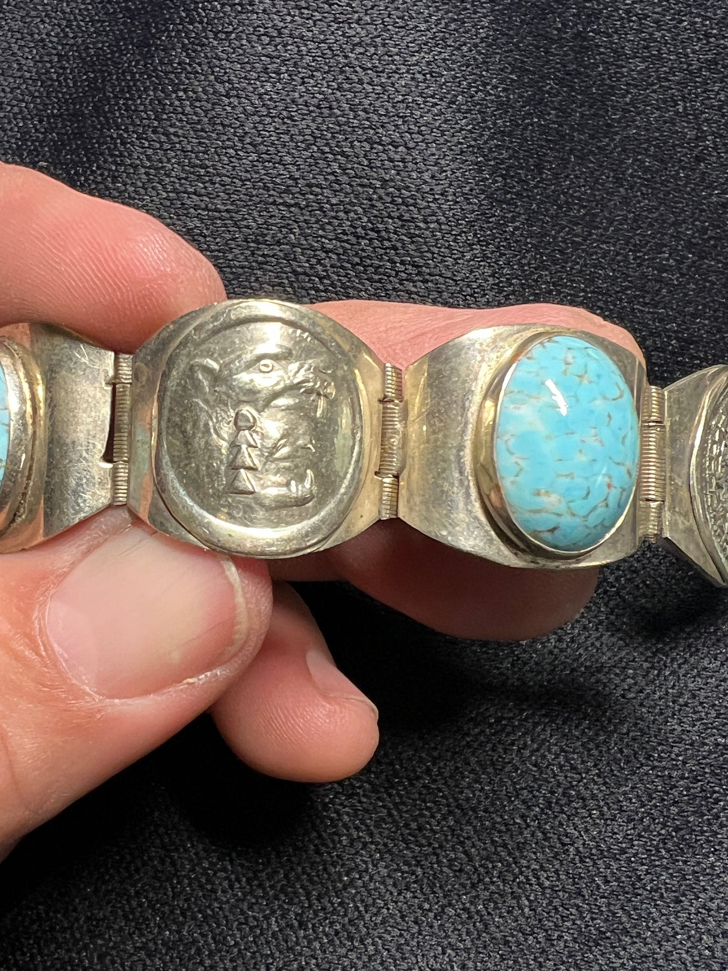 Native American Aztec Vintage Sterling Silver Turquoise bracelet 6 3/4" long, Aztec Calendar, Eagle Warrior, Pyramids (#1)