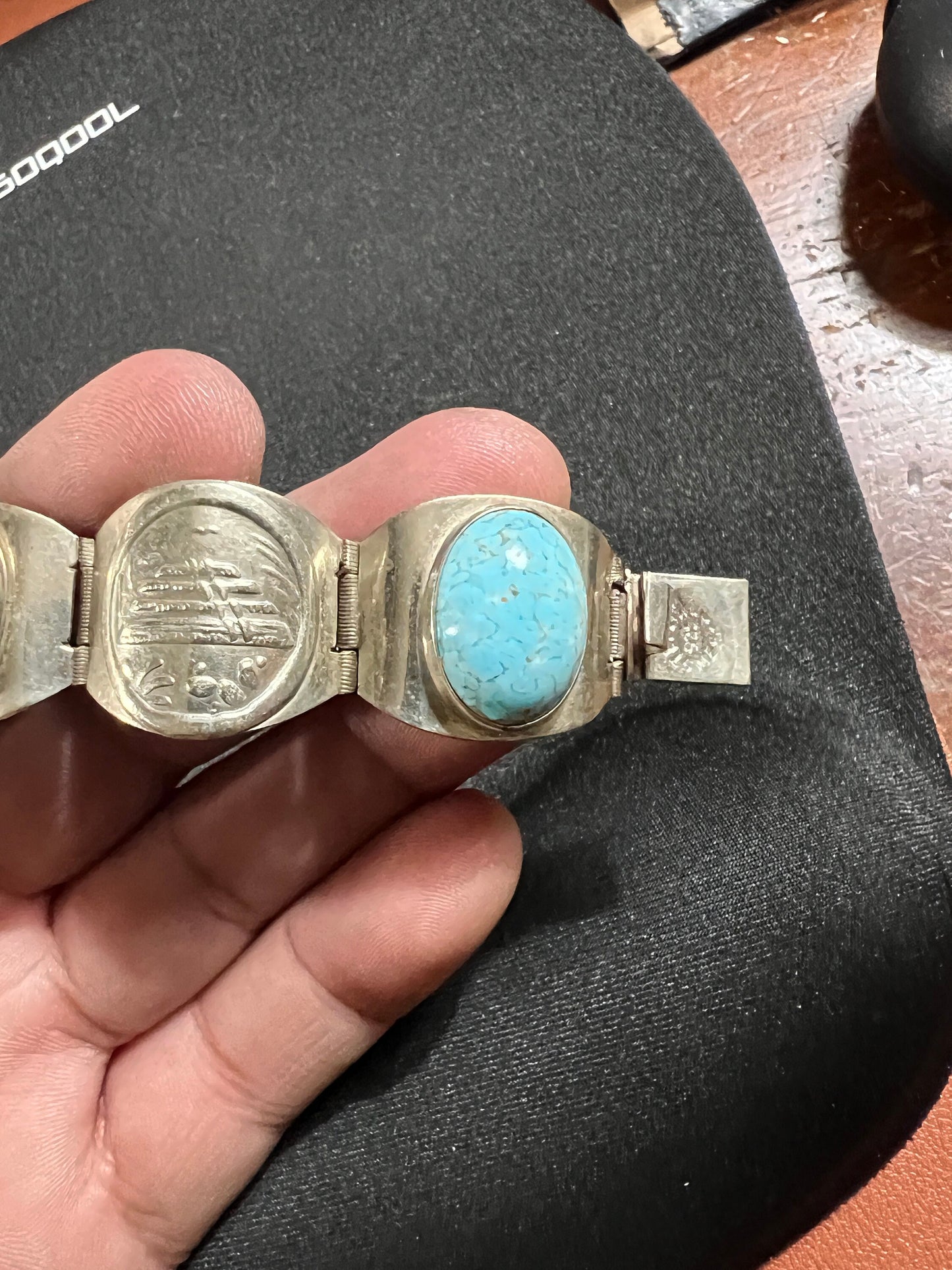 Native American Aztec Vintage Sterling Silver Turquoise bracelet 6 3/4" long, Aztec Calendar, Eagle Warrior, Pyramids (#1)