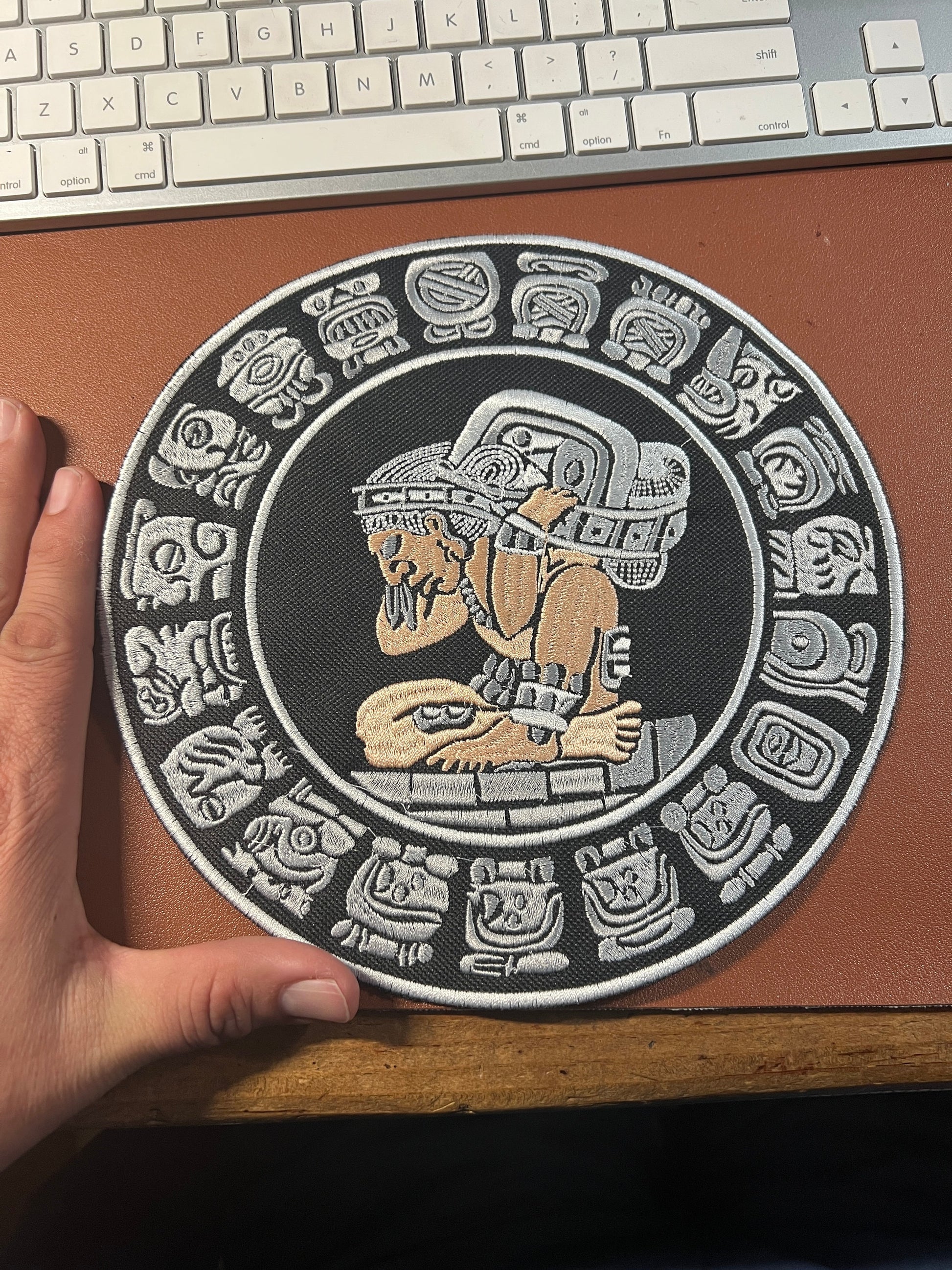 Large Mayan Calendar Back Patch, 8.5in. Silver and Copper colors on Black Iron on patches, Maya, Mexican, Mexico, Yucatan