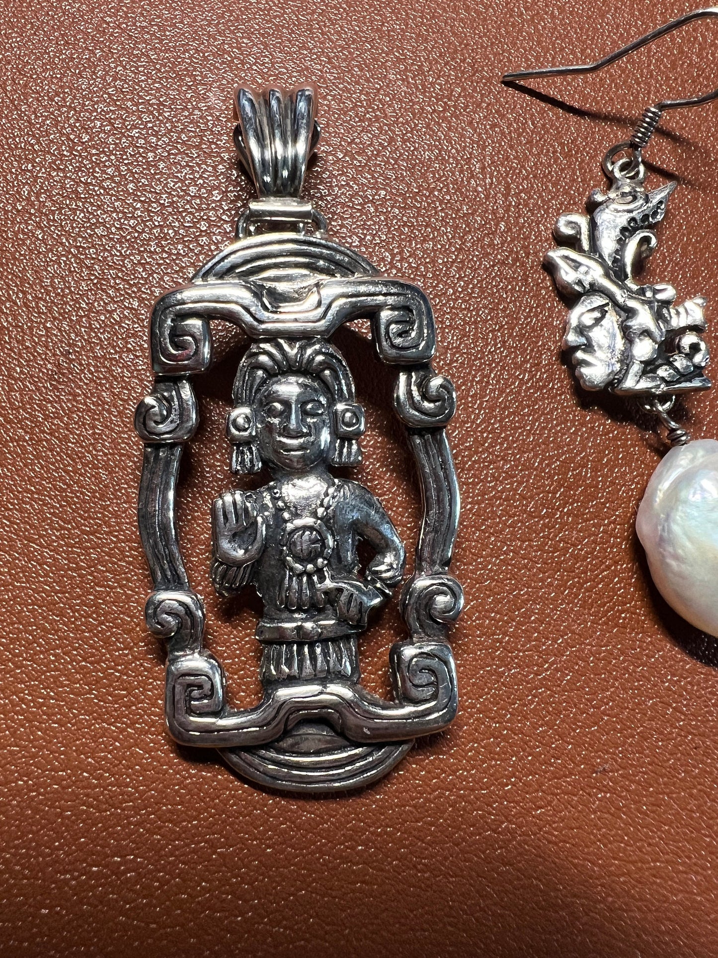 Mayan Pendant and Earrings Set 925, with Pearls, Vintage, from Yucatan Peninsula, Mexico, 19 grams (#5)