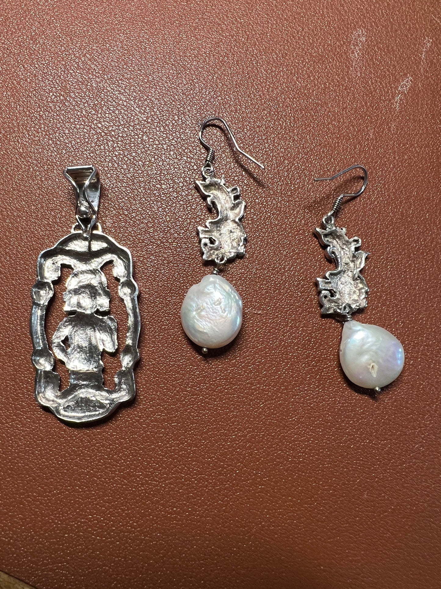 Mayan Pendant and Earrings Set 925, with Pearls, Vintage, from Yucatan Peninsula, Mexico, 19 grams (#5)