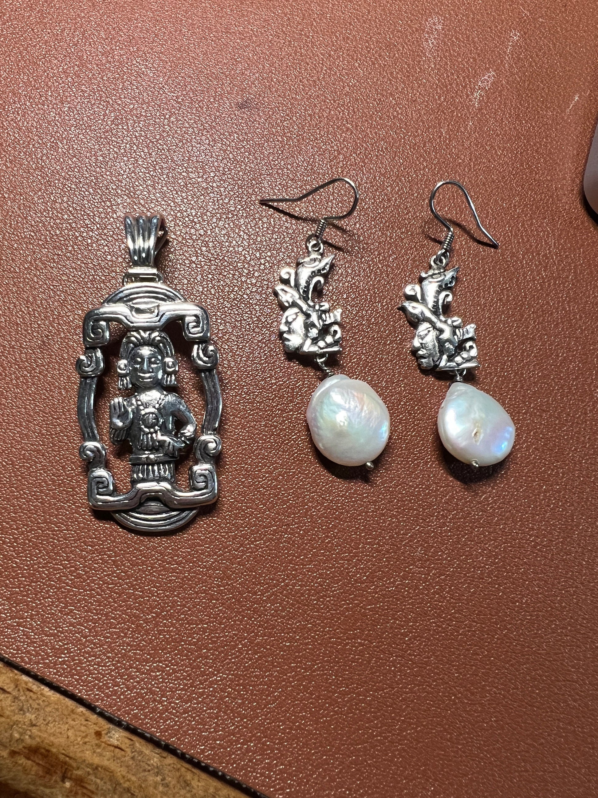 Mayan Pendant and Earrings Set 925, with Pearls, Vintage, from Yucatan Peninsula, Mexico, 19 grams (#5)