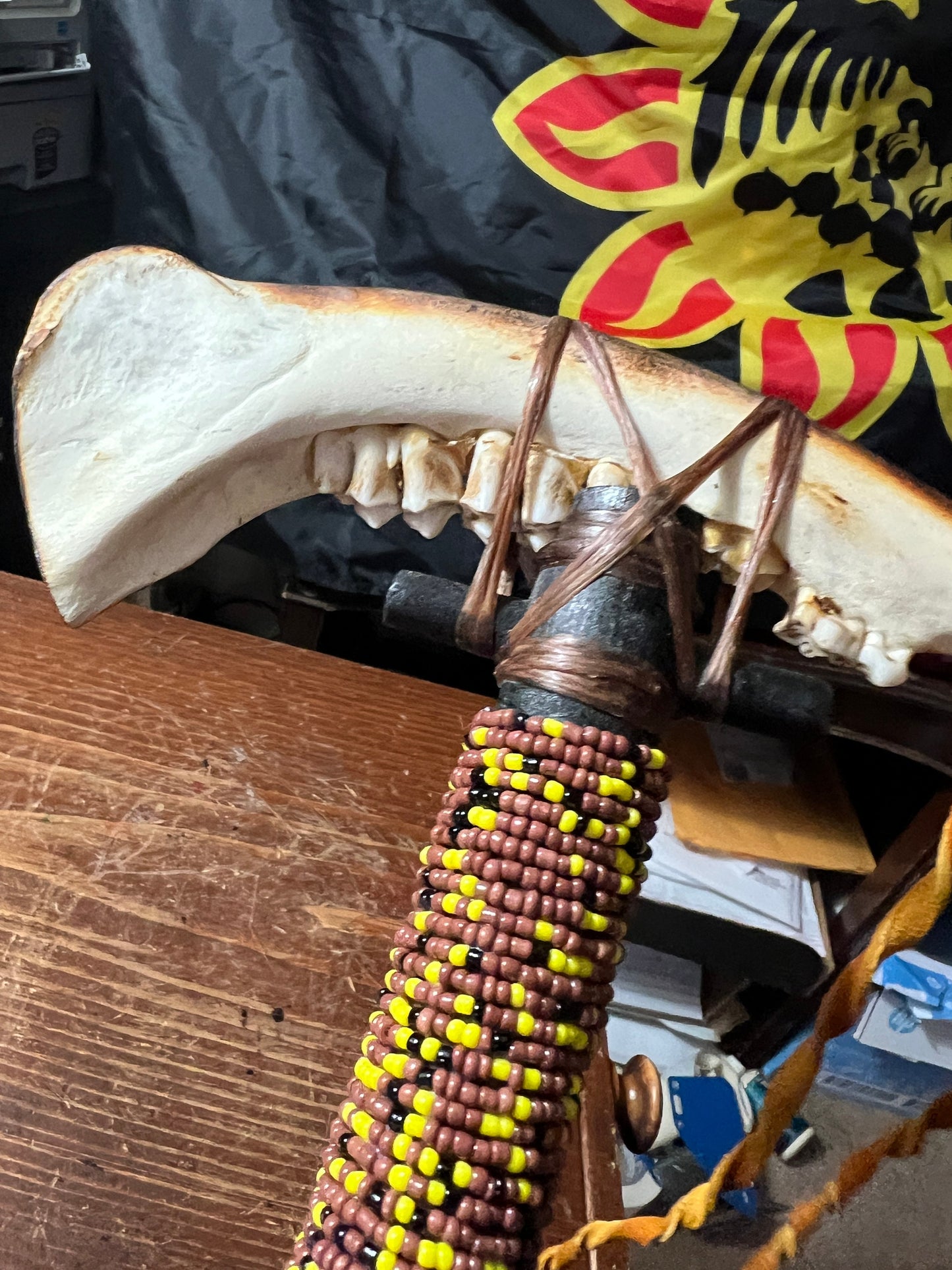 Native American Mandible Axe, Fur, Horse Hair, Leather, 19" Authentic Certificate Creek Indian