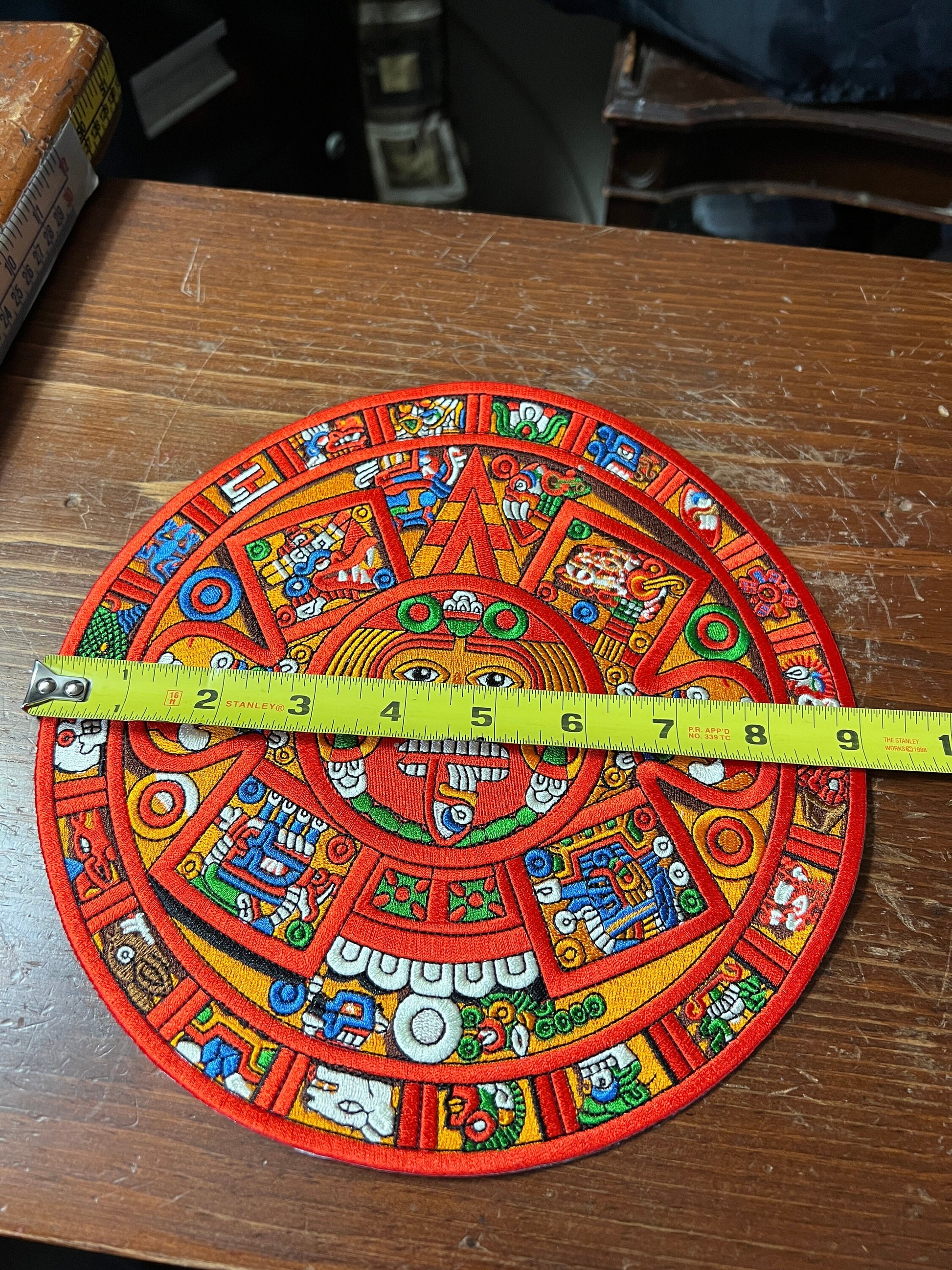 Large Back Patch color Aztec Calendar with Tonatiuh Sun God, 9", Patches, Iron-on, from Mexico (#8)