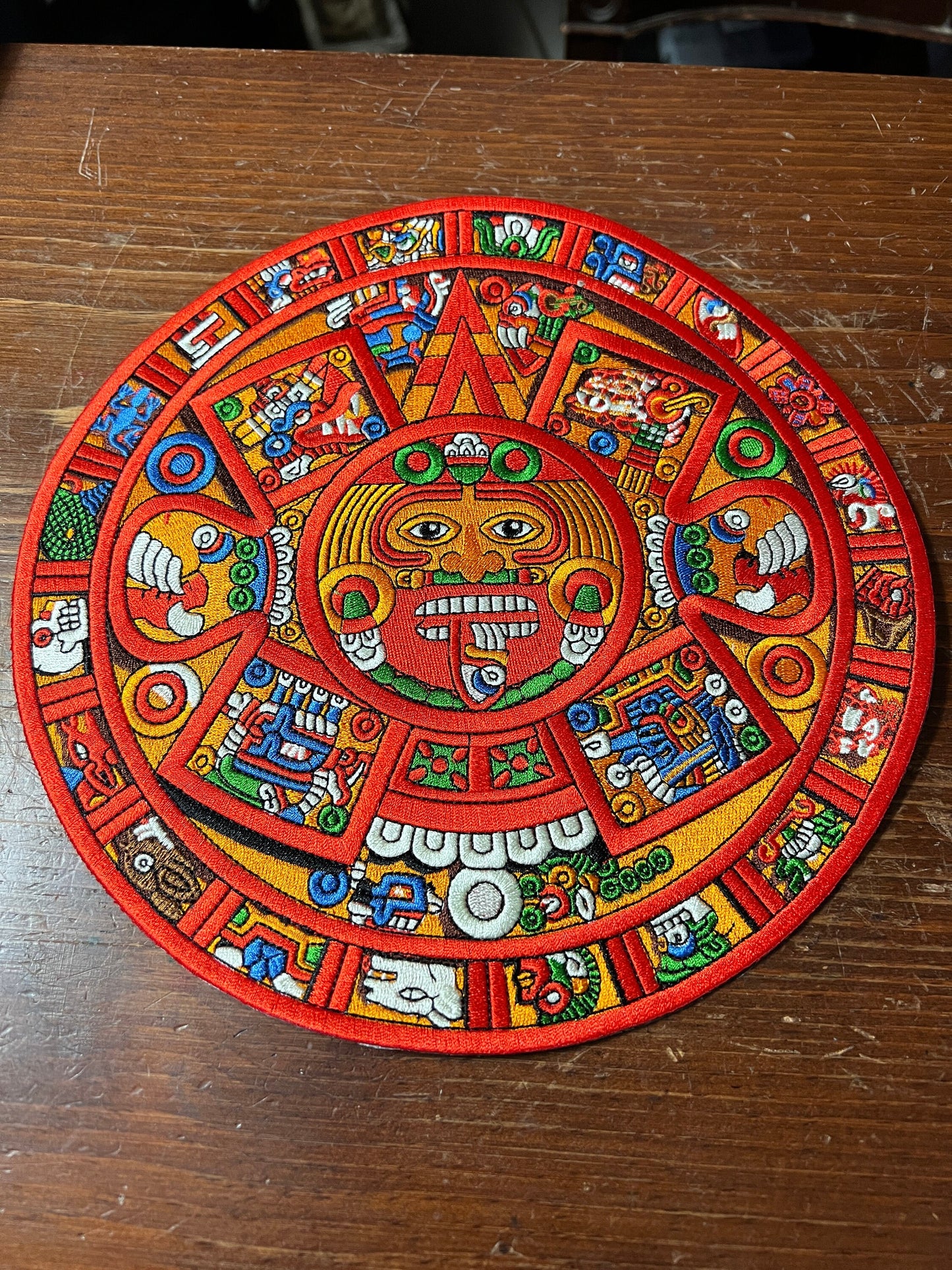 Large Back Patch color Aztec Calendar with Tonatiuh Sun God, 9", Patches, Iron-on, from Mexico (#8)