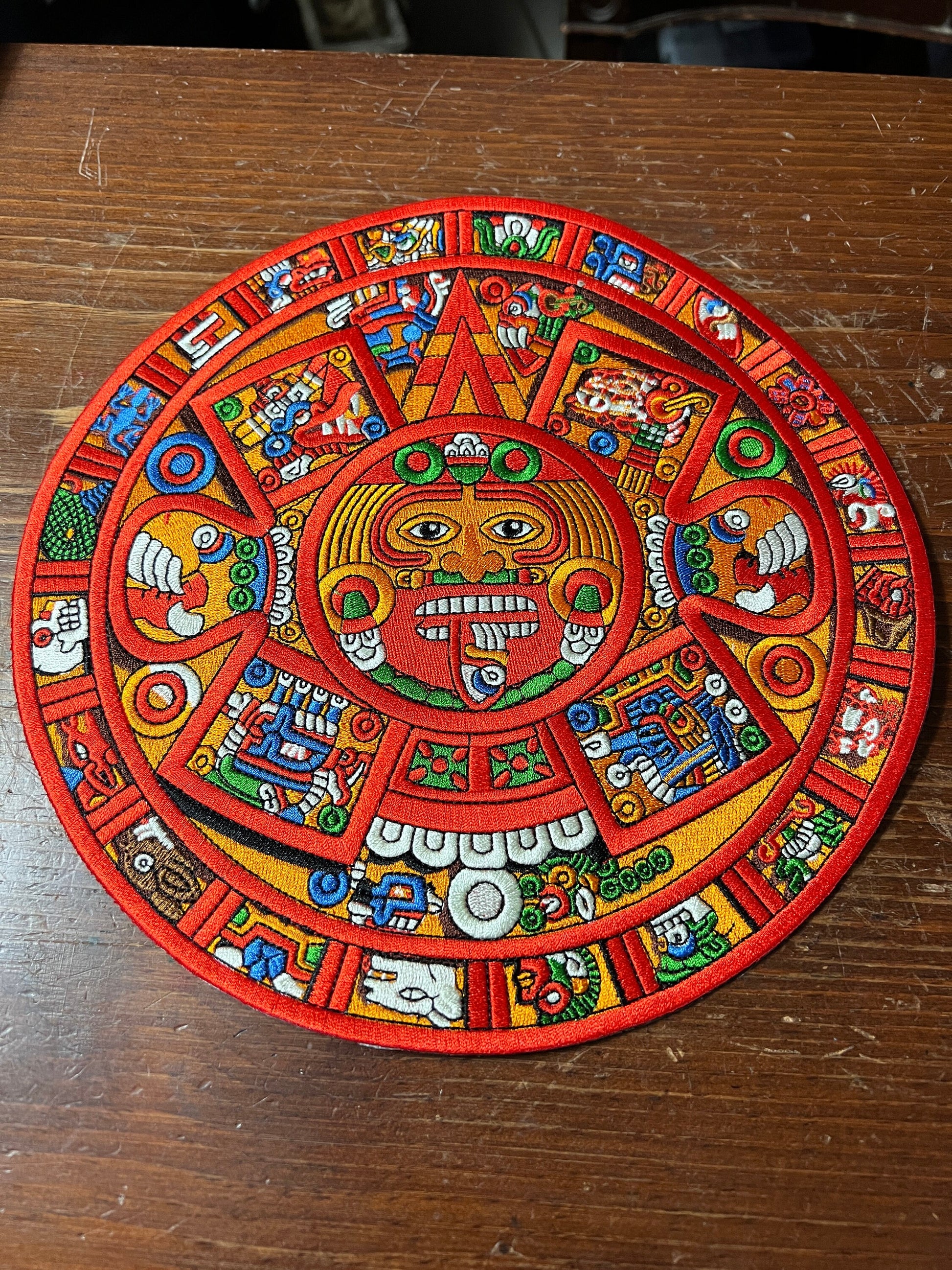 Large Back Patch color Aztec Calendar with Tonatiuh Sun God, 9", Patches, Iron-on, from Mexico (#8)
