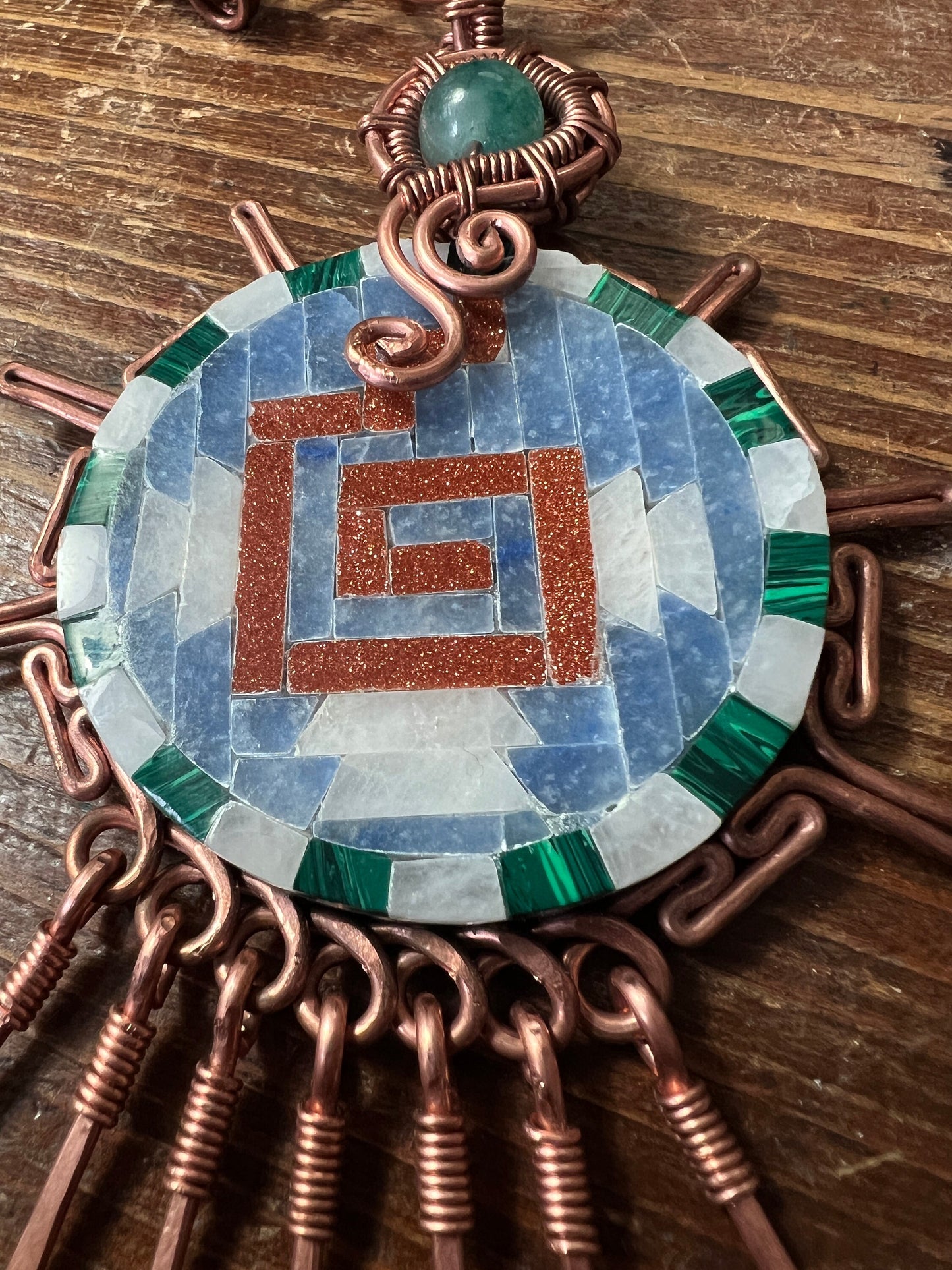 Large Stone Tiles on Obsidian Chimalli Pendant Adorned with Copper Fletching with Leather braided 18" Necklace (#10)