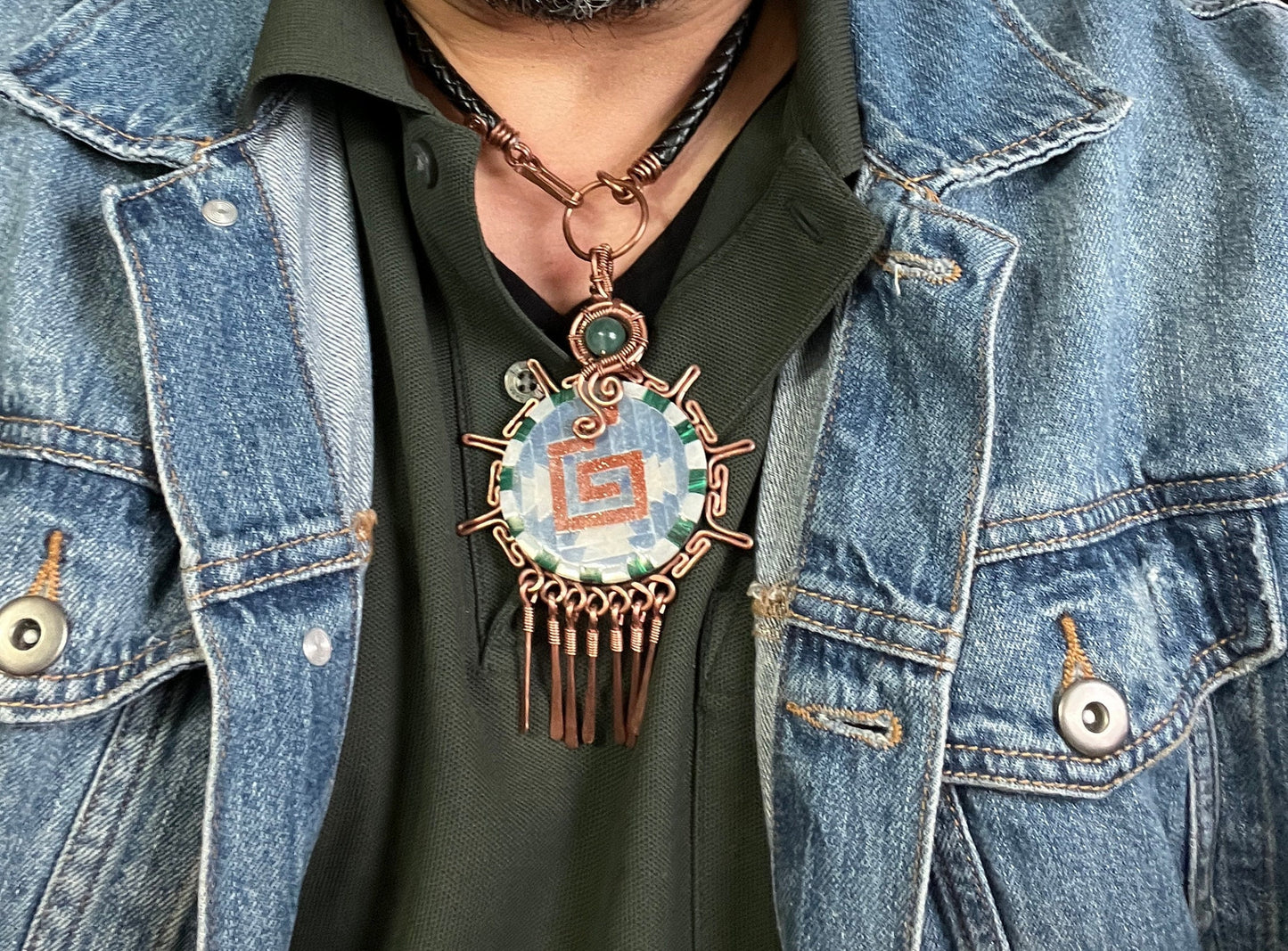 Large Stone Tiles on Obsidian Chimalli Pendant Adorned with Copper Fletching with Leather braided 18" Necklace (#10)