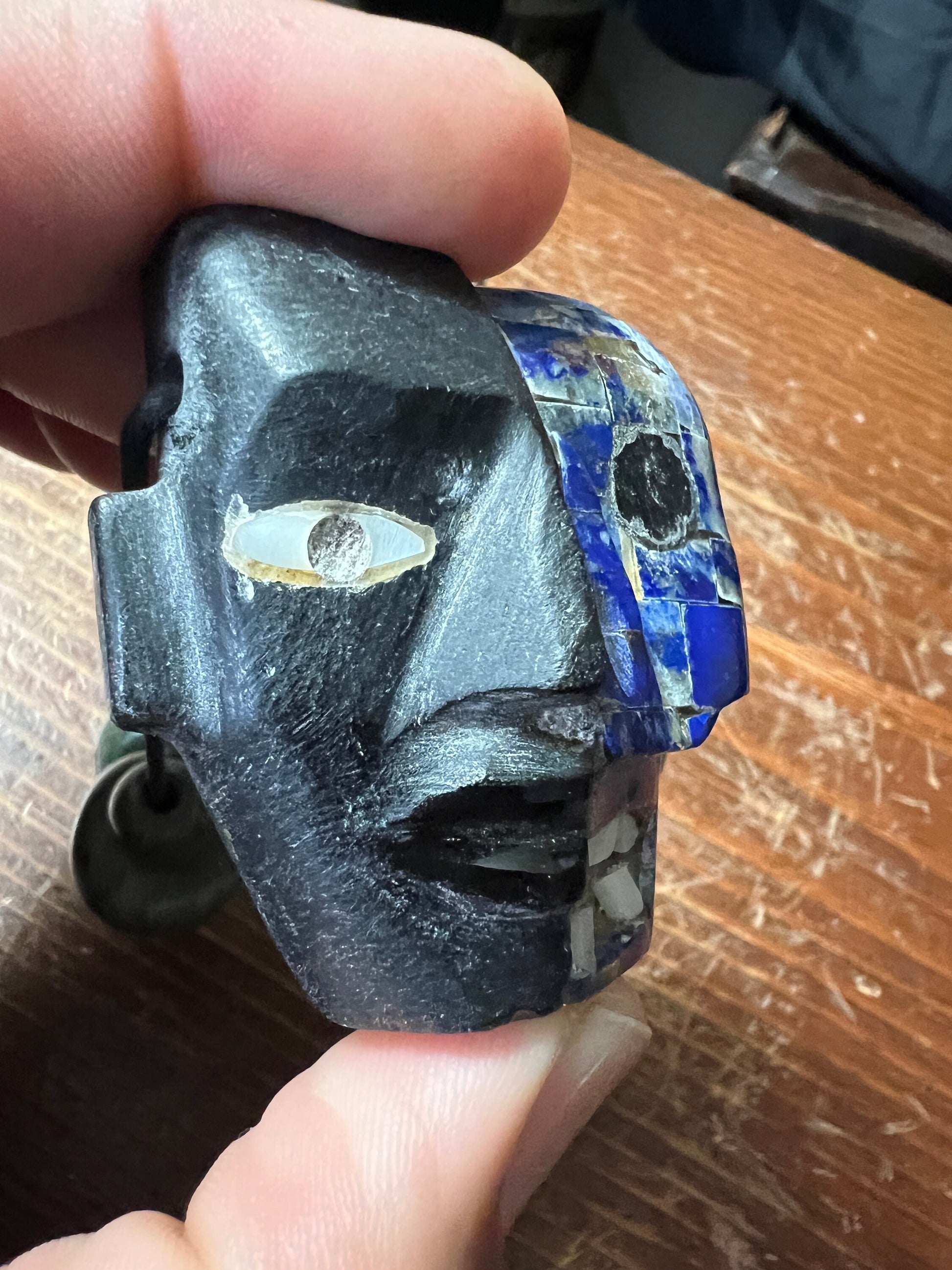 Mayan Death Mask Obsidian Lapis Lazuli Jade Necklace, Large and Heavy, Hand Made (#10)