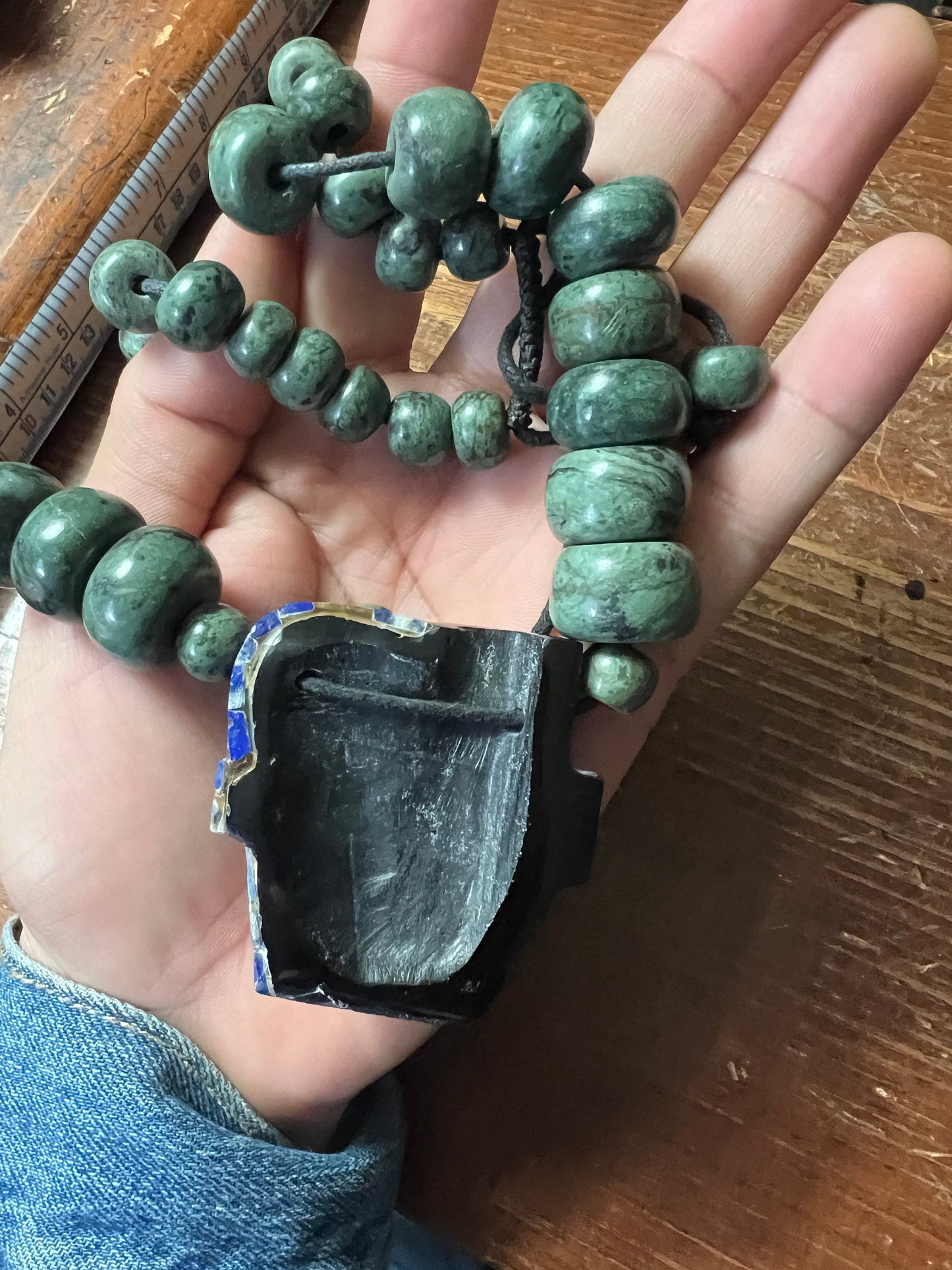 Mayan Death Mask Obsidian Lapis Lazuli Jade Necklace, Large and Heavy, Hand Made (#10)