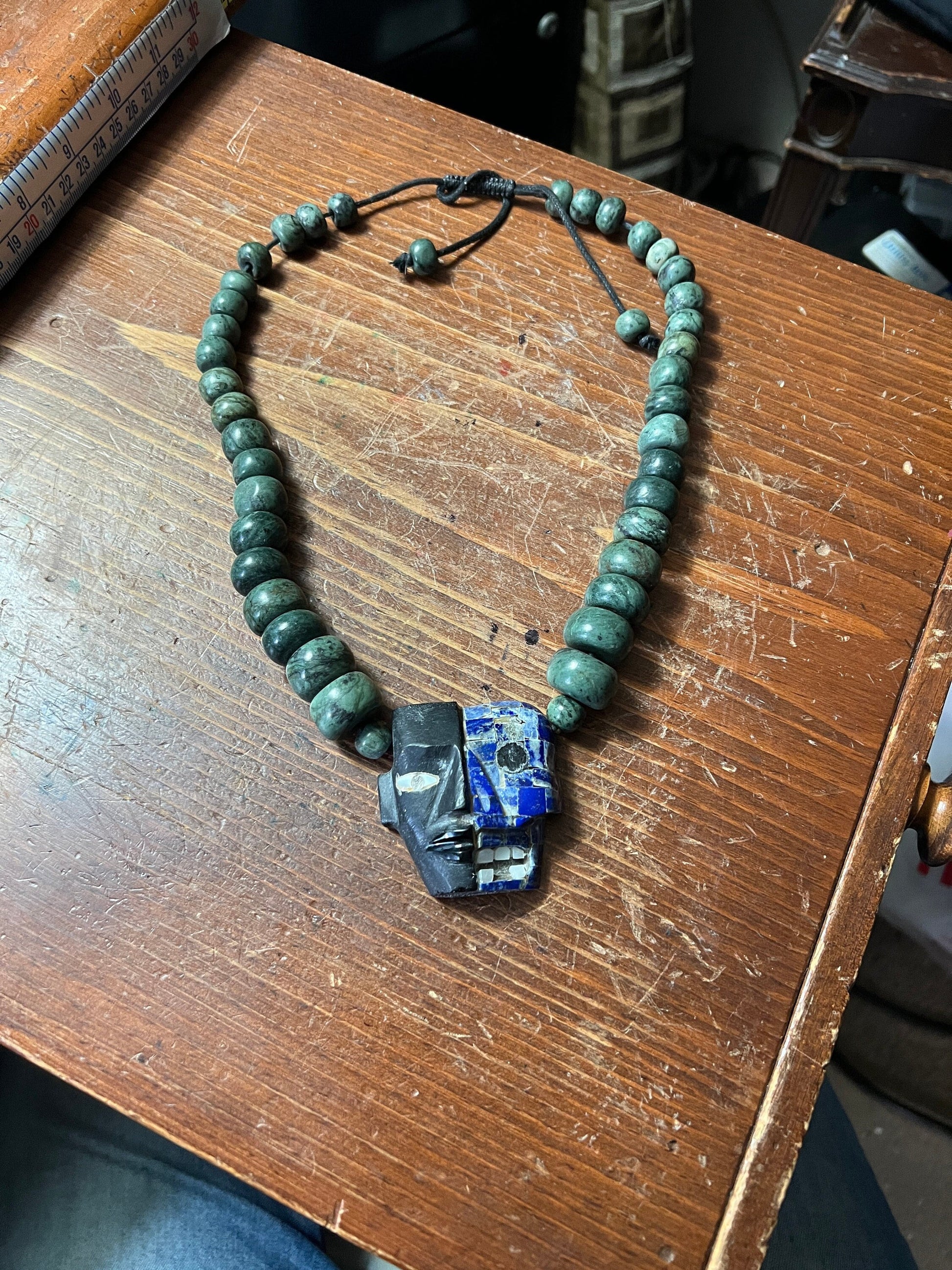 Mayan Death Mask Obsidian Lapis Lazuli Jade Necklace, Large and Heavy, Hand Made (#10)