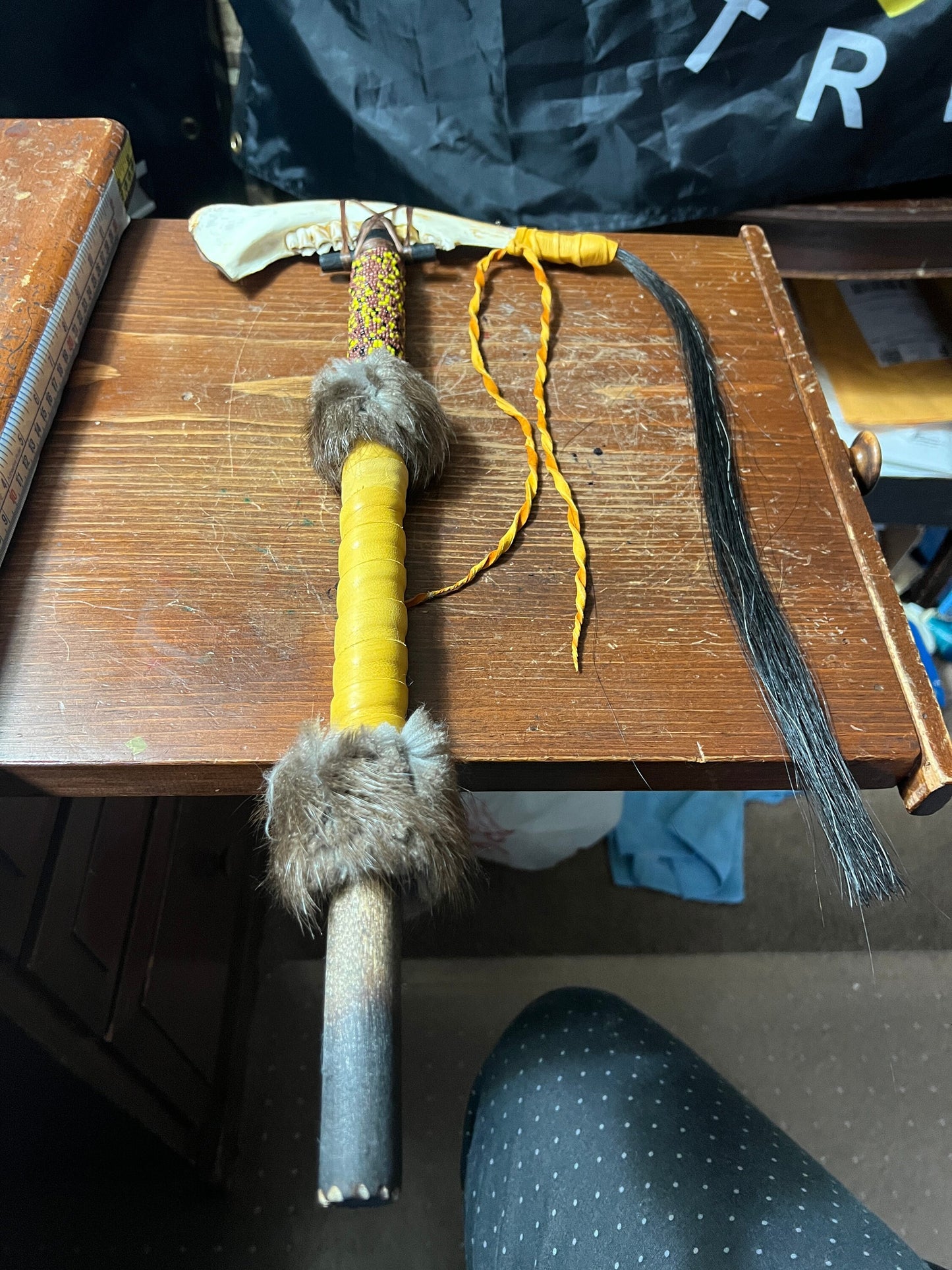 Native American Mandible Axe, Fur, Horse Hair, Leather, 19" Authentic Certificate Creek Indian