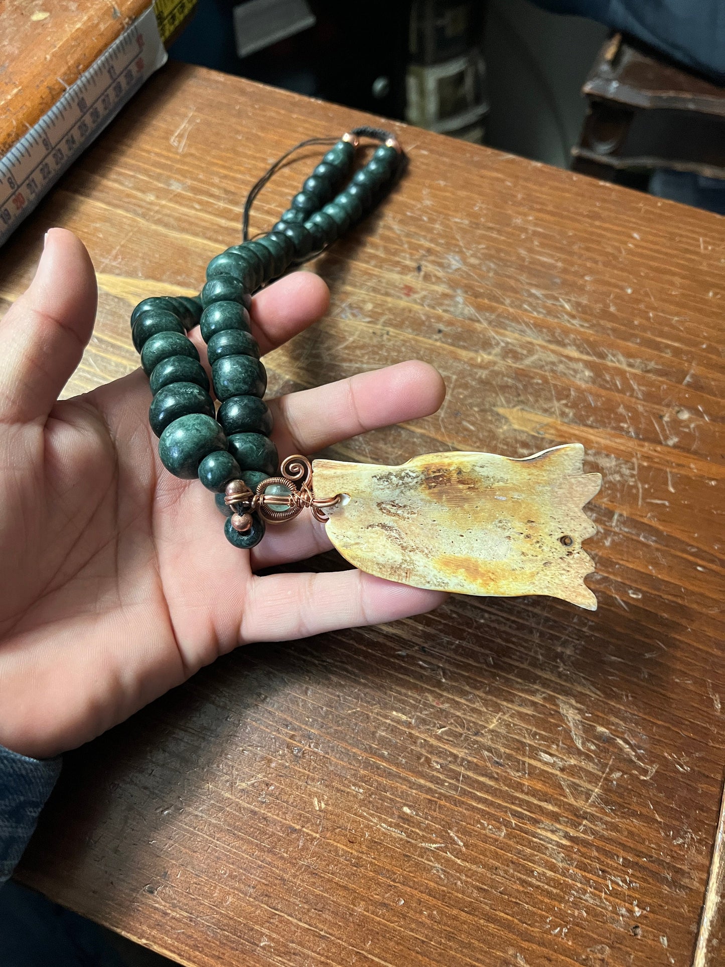 Jade and Bone Wolf Necklace, Made Mexico, Heavy Jade Beaded Necklace, Rare, handmade adjustable (#11)