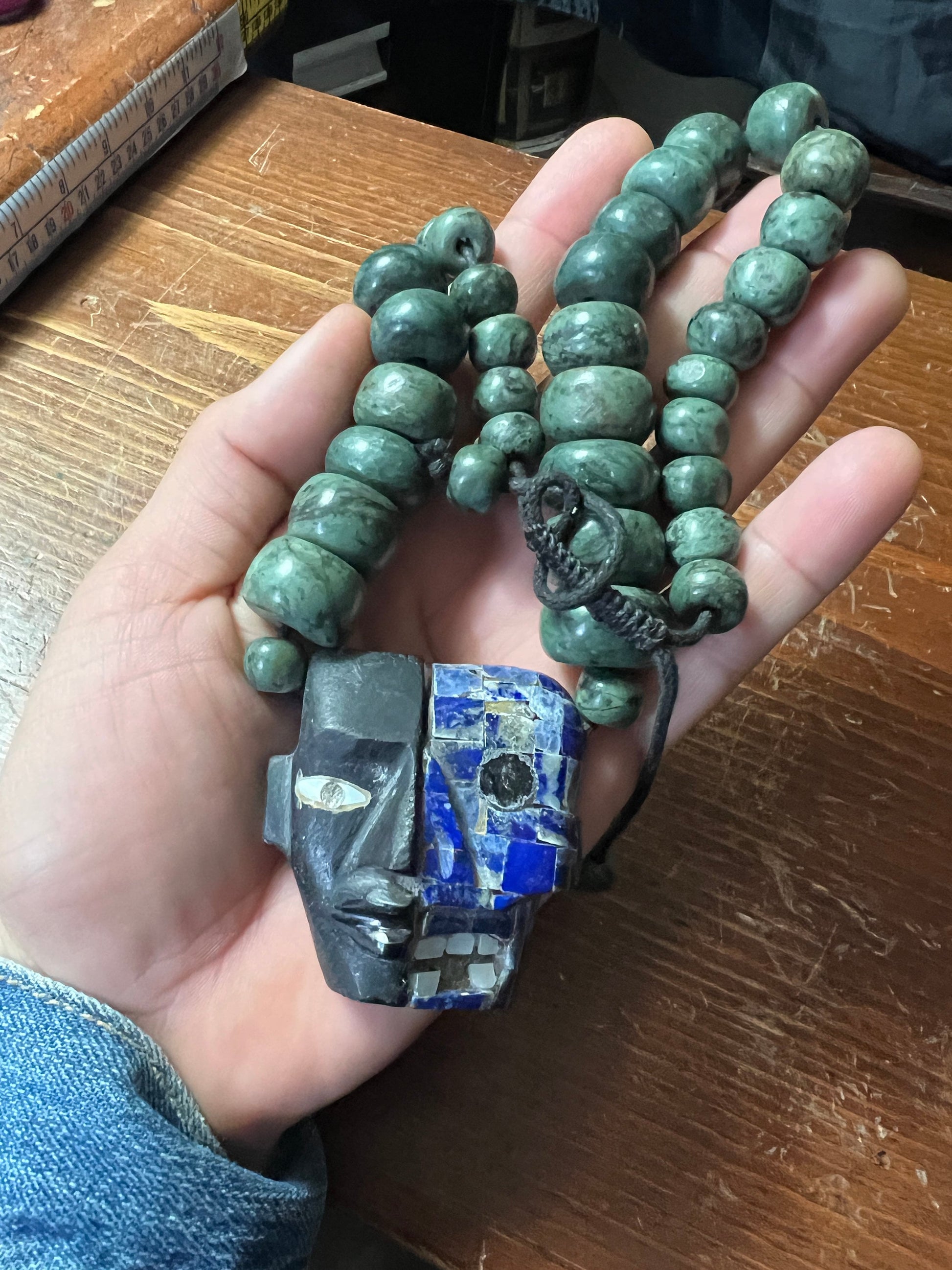 Mayan Death Mask Obsidian Lapis Lazuli Jade Necklace, Large and Heavy, Hand Made (#10)