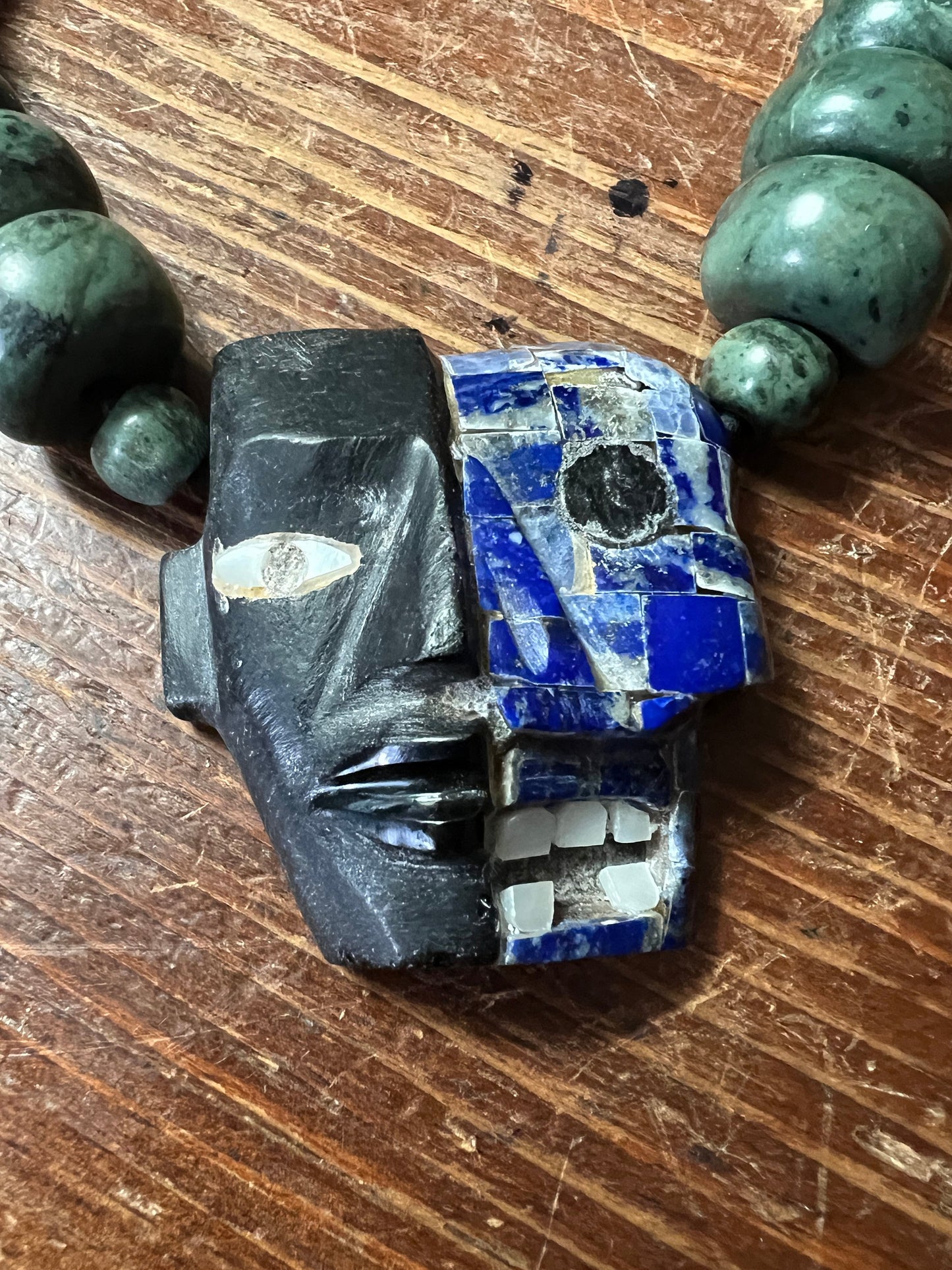 Mayan Death Mask Obsidian Lapis Lazuli Jade Necklace, Large and Heavy, Hand Made (#10)