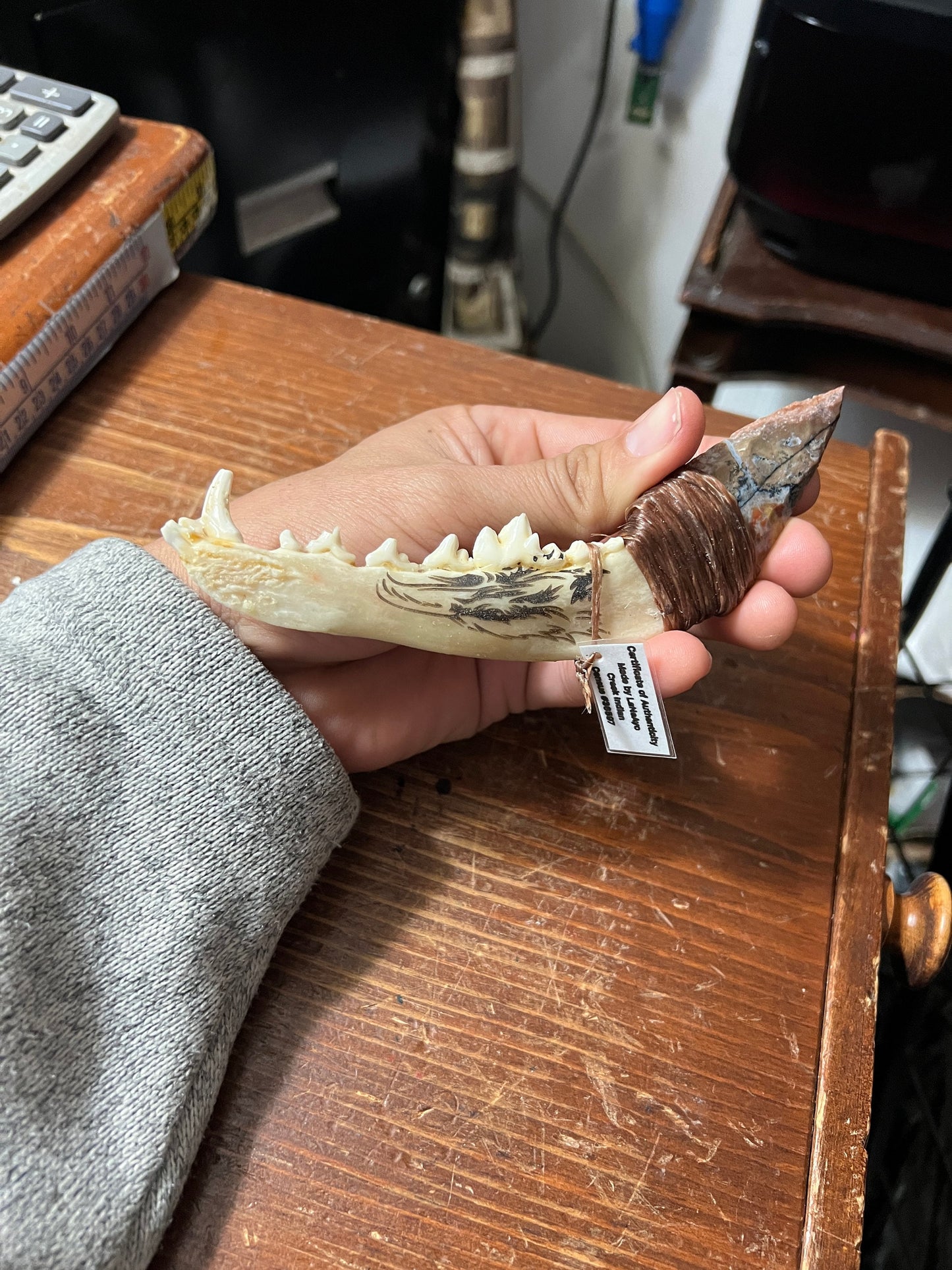 Native American Mandible Arrow Head Knife, Eagle Drawing, 6 1/2" Authentic Certificate Creek Indian By LaNeAyo Census 36597