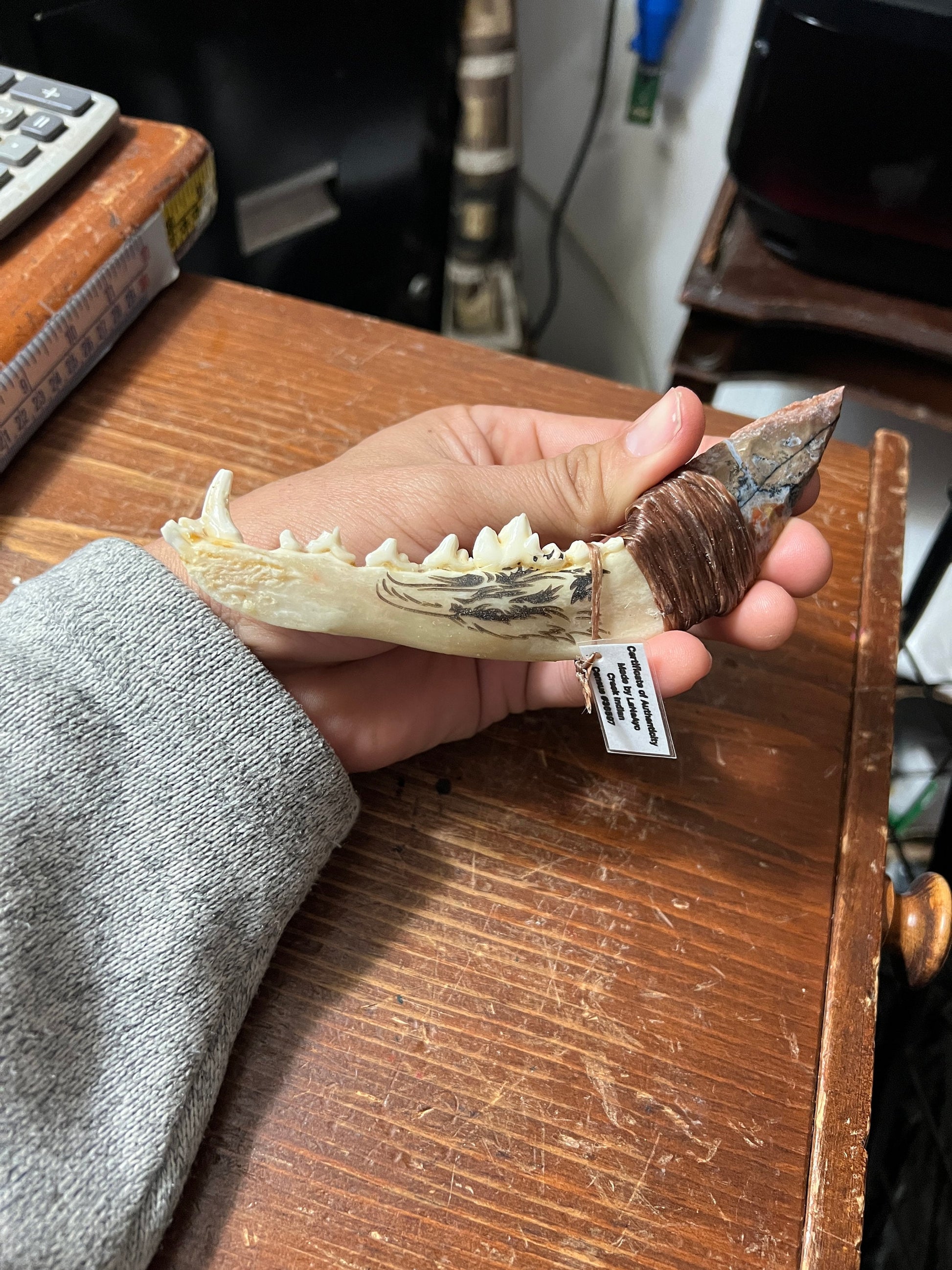 Native American Mandible Arrow Head Knife, Eagle Drawing, 6 1/2" Authentic Certificate Creek Indian By LaNeAyo Census 36597