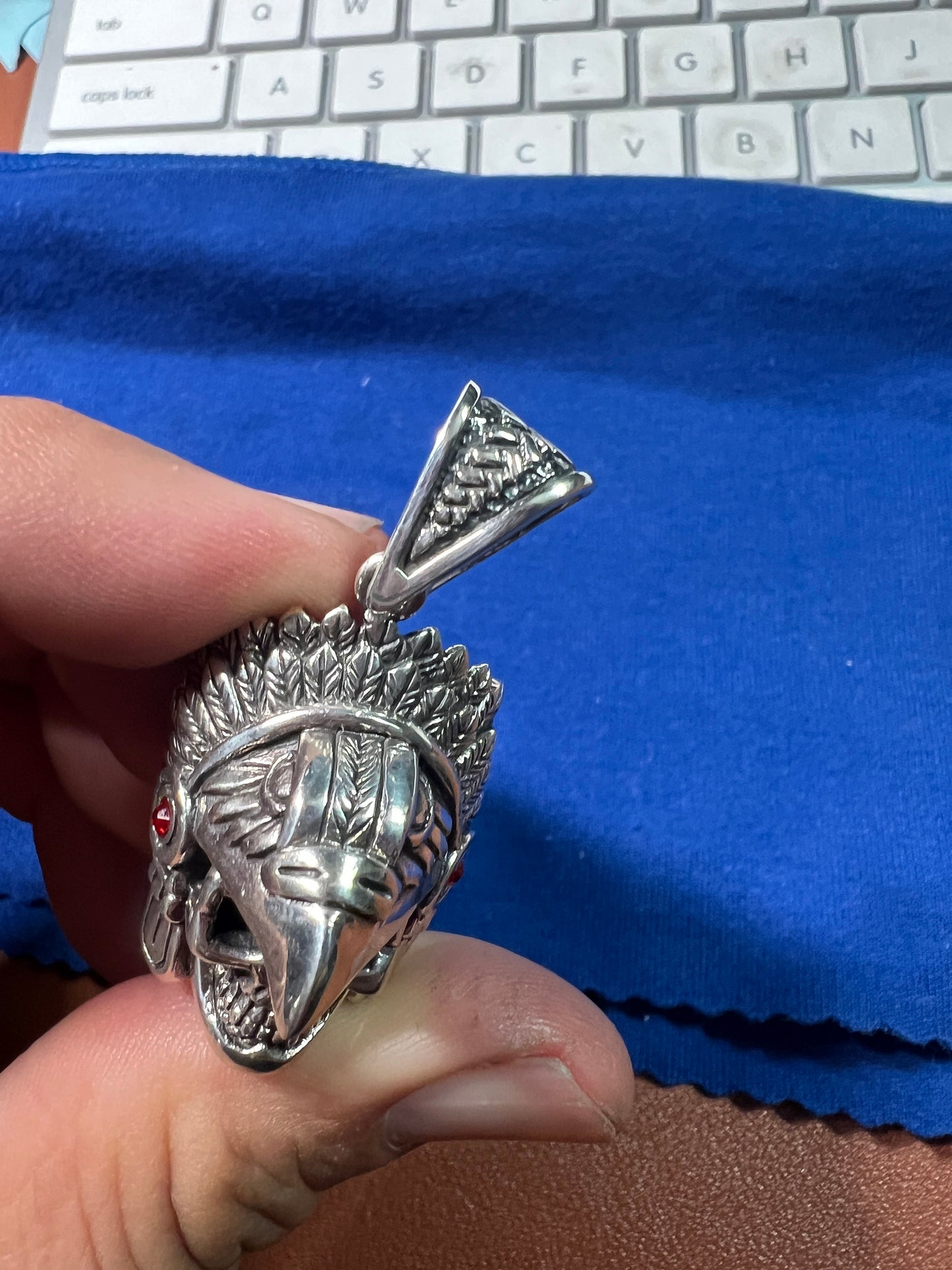Eagle Warrior Pendant, Red Zirconia, Azteca, Maya, Sterling Silver, from Mexico 22.41 grams (#60)