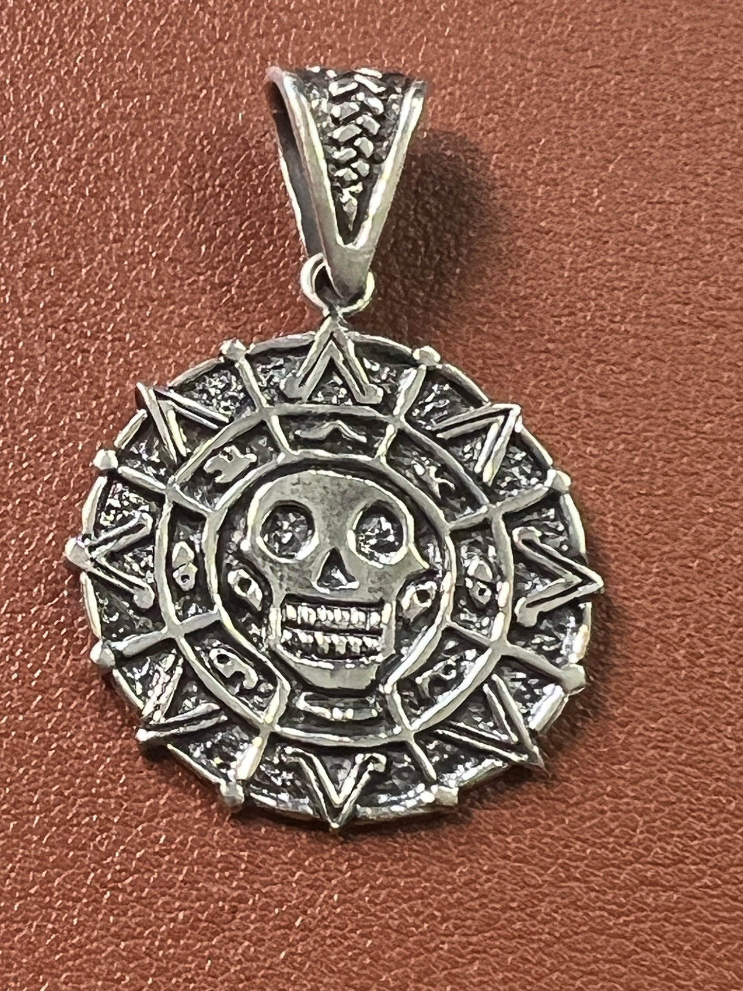 Sterling Silver Cortez Pirate Doubloons, Aztec Pendant 925, Double Sided Medallion, Tonatiuh Sun, Caribbean Pirates, Skull of Death (#11)