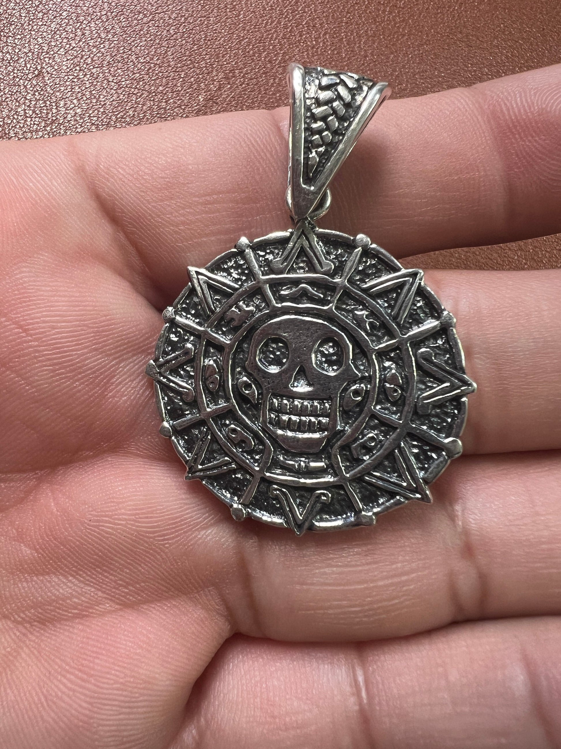 Sterling Silver Cortez Pirate Doubloons, Aztec Pendant 925, Double Sided Medallion, Tonatiuh Sun, Caribbean Pirates, Skull of Death (#11)