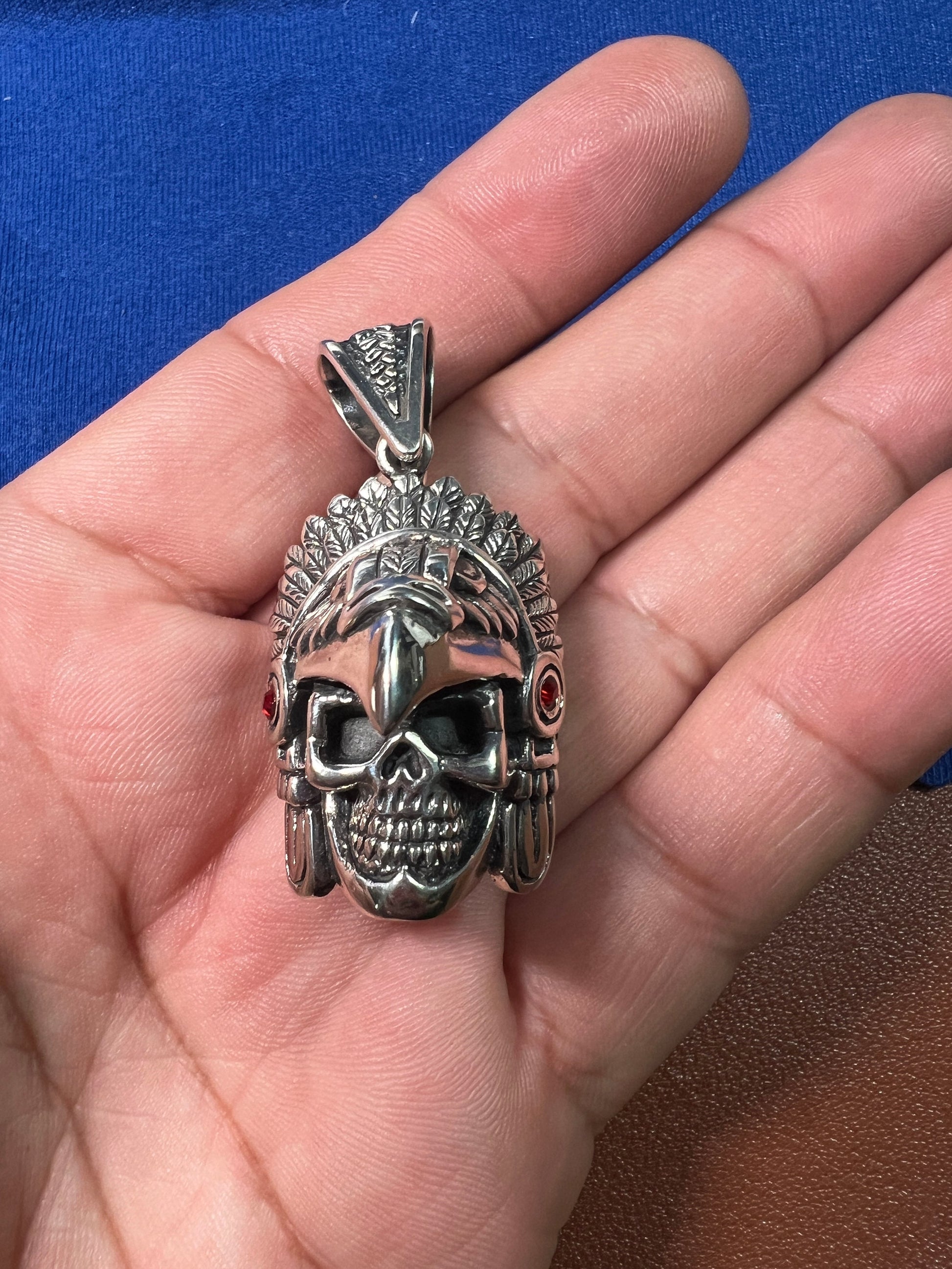 Eagle Warrior Pendant, Red Zirconia, Azteca, Maya, Sterling Silver, from Mexico 22.41 grams (#60)
