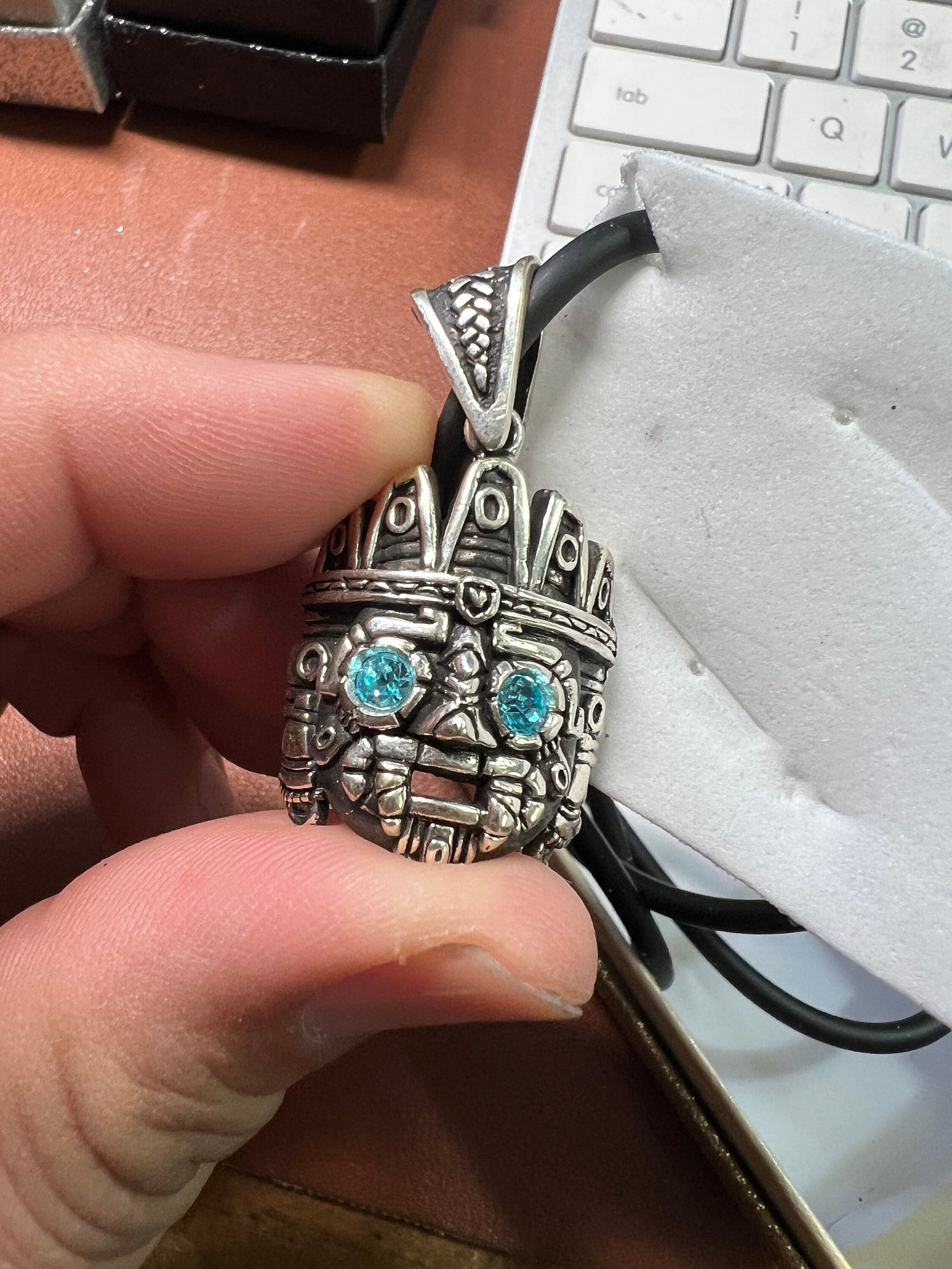 Tlaloc pendant Sterling Silver, Aztec Rain God, Blue Zirconia Eyes, Made Mexico (#6)