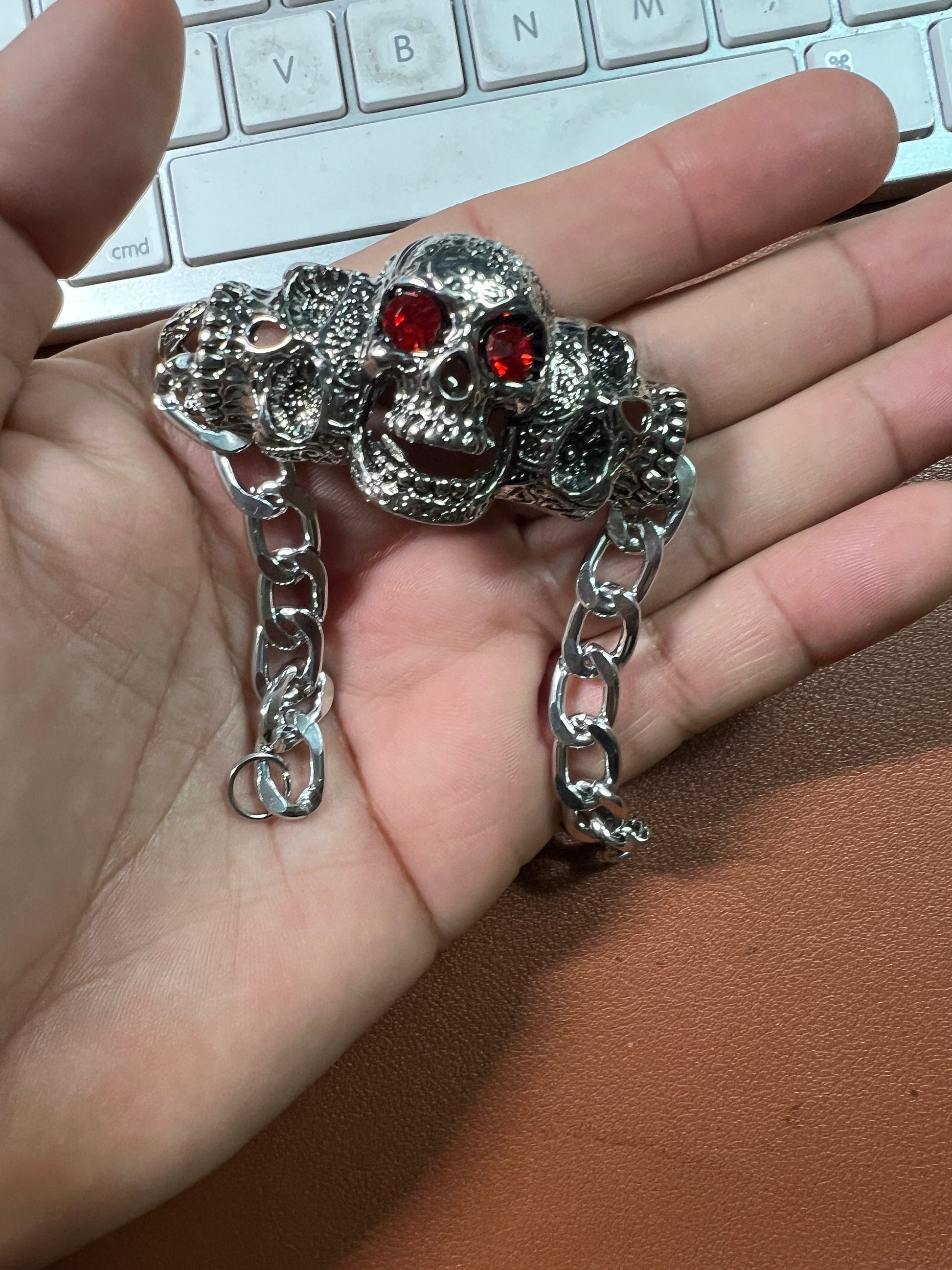 Skull Red Eyes Bracelet 7 1/2&quot; alloy, Biker, Aztec, Pirate, Rocker, Metal, Goth