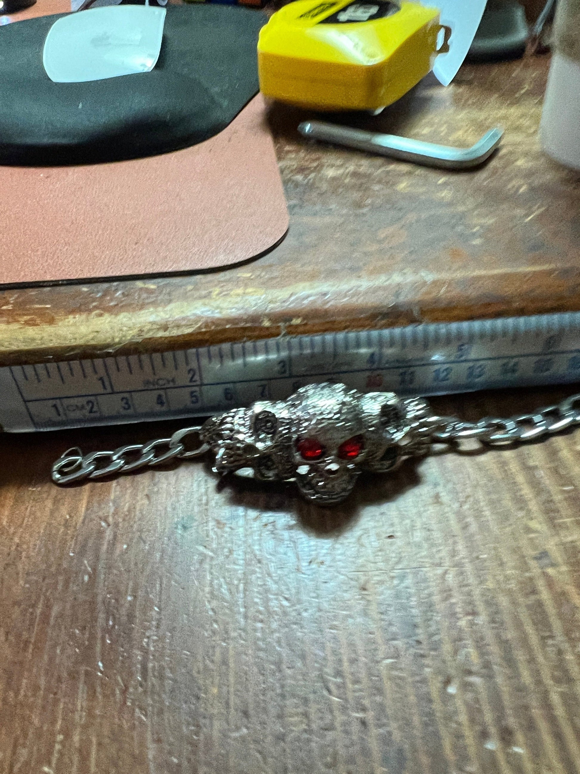 Skull Red Eyes Bracelet 7 1/2&quot; alloy, Biker, Aztec, Pirate, Rocker, Metal, Goth