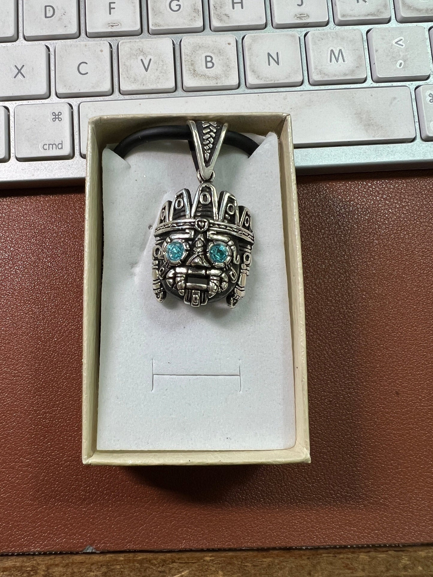 Tlaloc pendant Sterling Silver, Aztec Rain God, Blue Zirconia Eyes, Made Mexico (#6)
