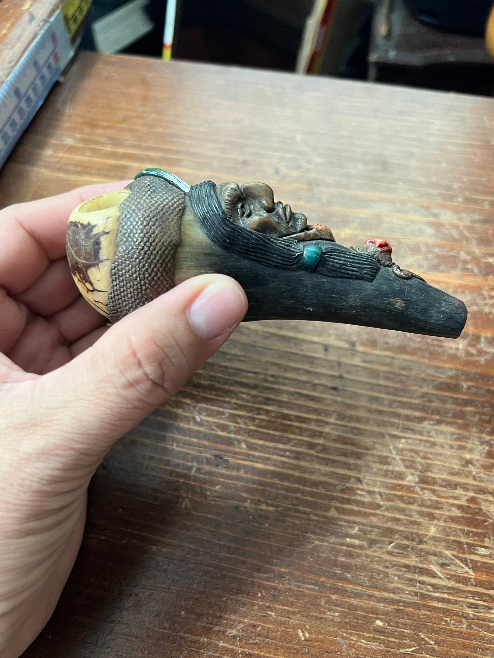 Native American Smoking Pipe feat. 2 Feather Headdress, Made from Hoof, functional