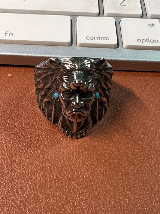 Ring, Native American Indian Chief, Wolf Headdreess, Turquoise embellishments (#8)