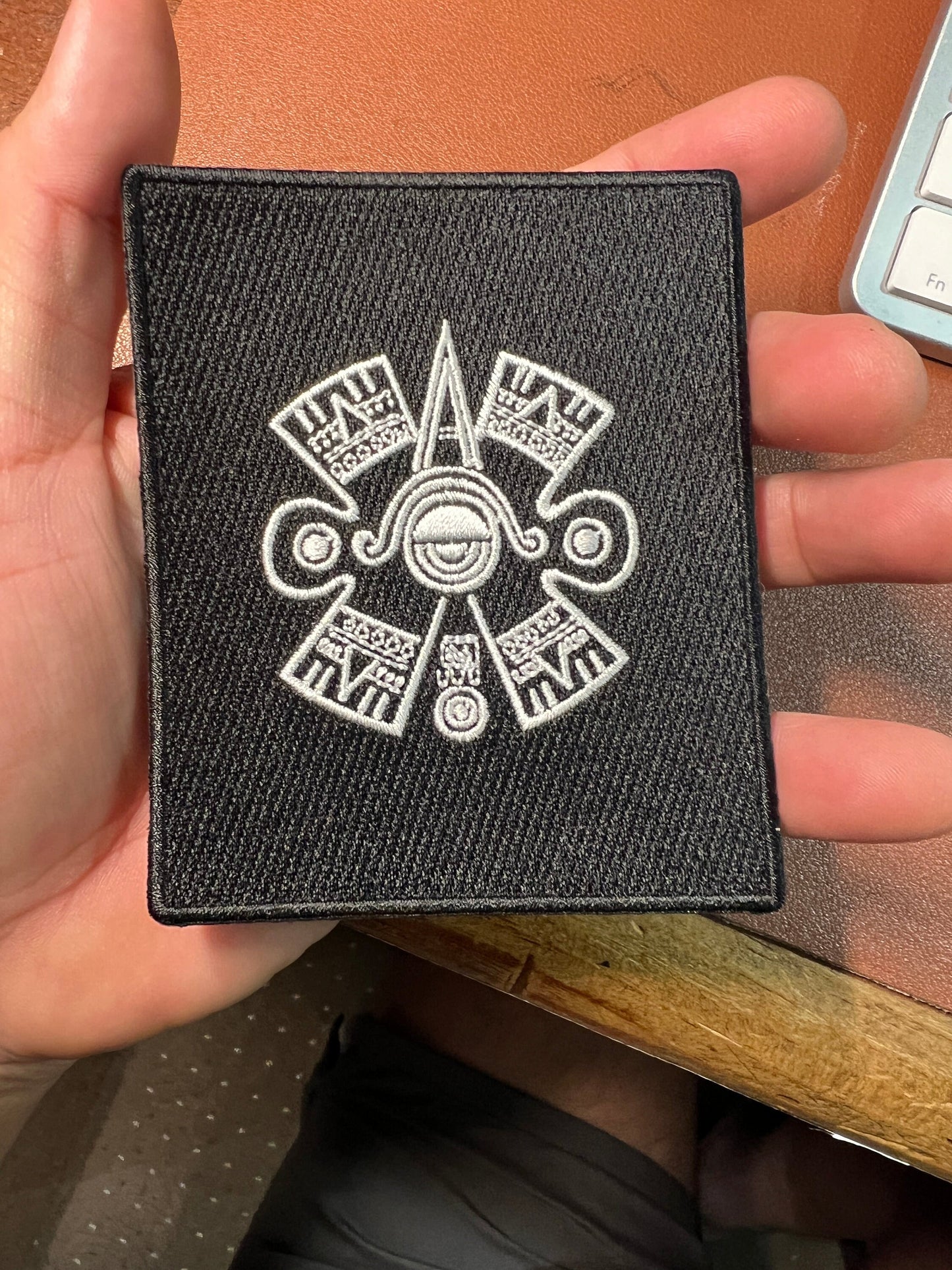 Nahui Olin Patch, Aztec Movement Sign, Iron On, Black and Silver 4&quot; x 3 1/4&quot;, (#13)
