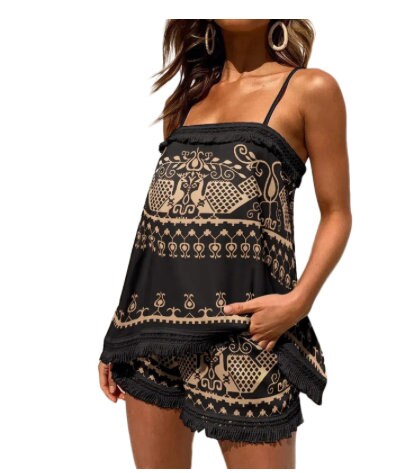 Women&quot;s Summer Outfit, Vintage Printing Spaghetti Strap Fringed Camisole Tank Top and Loose Fit Shorts Casual Everyday Wear Hot S-XL